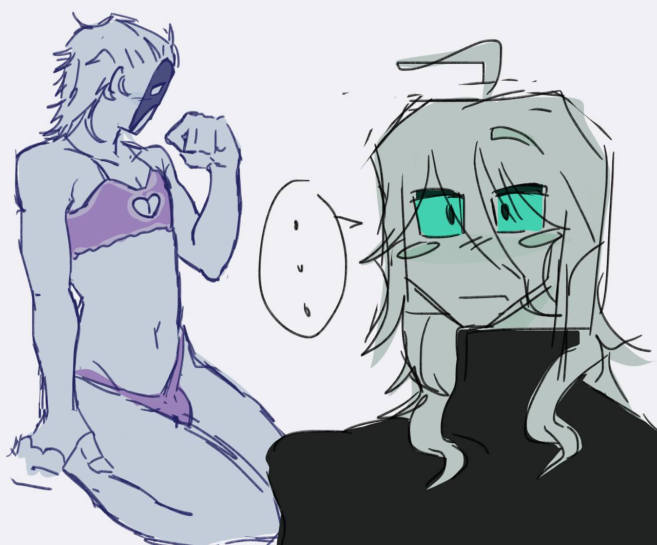 2boys, 2male, 2men, artful (die of death), blush, bra cutout, breast cutout, breasts, bulge, bulge through clothing, bulge under clothes, cat cutout, colored, colored sketch, cyan sclera, die of death (roblox), digital, digital art, digital drawing (artwork), digital media, digital media (artwork), digital painting, digital painting (artwork), fluffy bra, fluffy clothing, fluffy underwear, foreplay, foreplaying, gay, gay male, gdz, kitty cutout, long hair, long white hair, looking away, male, male only, male/male, mask, masked, masked male, medium hair, medium white hair, no background, out of character, pink bra, pink clothes, pink clothing, pink panties, pink top, pink topwear, pink underwear, probably gay, pursuer (die of death), roblox, roblox game, robloxian, sexy clothing, topwear, underwear, video game, video game character, video game franchise, video games, white hair, white skin, yaoi