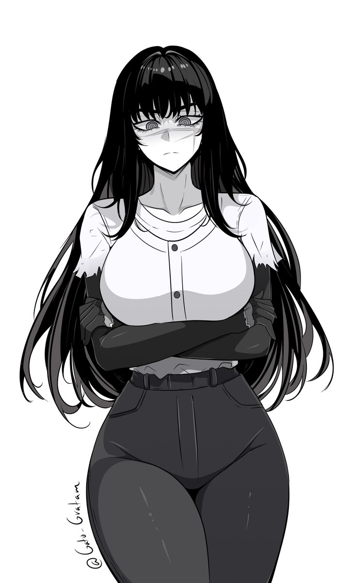 1girls, 2d, arms crossed, big ass, big breasts, black and white, breasts, chainsaw man, female, female focus, female only, gato gratam, looking at viewer, mitaka asa, thick, thick ass, thick thighs, thighs, wide hips, yoru (chainsaw man)