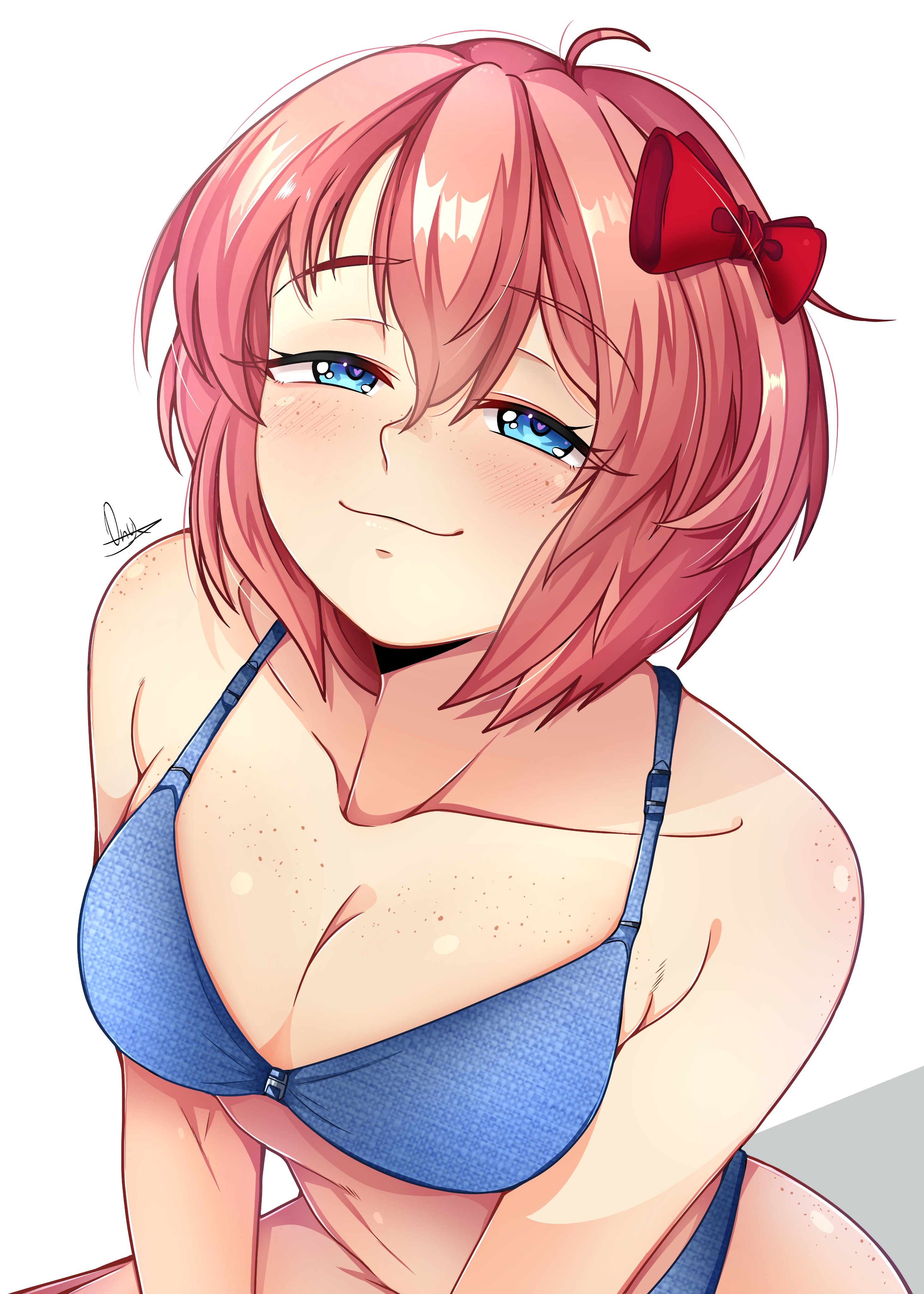 1girls, bare shoulders, blue bra, blue eyes, blue panties, bow, bra, breasts, cleavage, collarbone, doki doki literature club, female, freckles, freckles on breasts, hair bow, hairbow, matching underwear, onyxvoyd, panties, red bow, red hair bow, red hairbow, sayori (doki doki literature club), smug, smug face, smug grin, strawberry blonde hair, underwear, underwear only