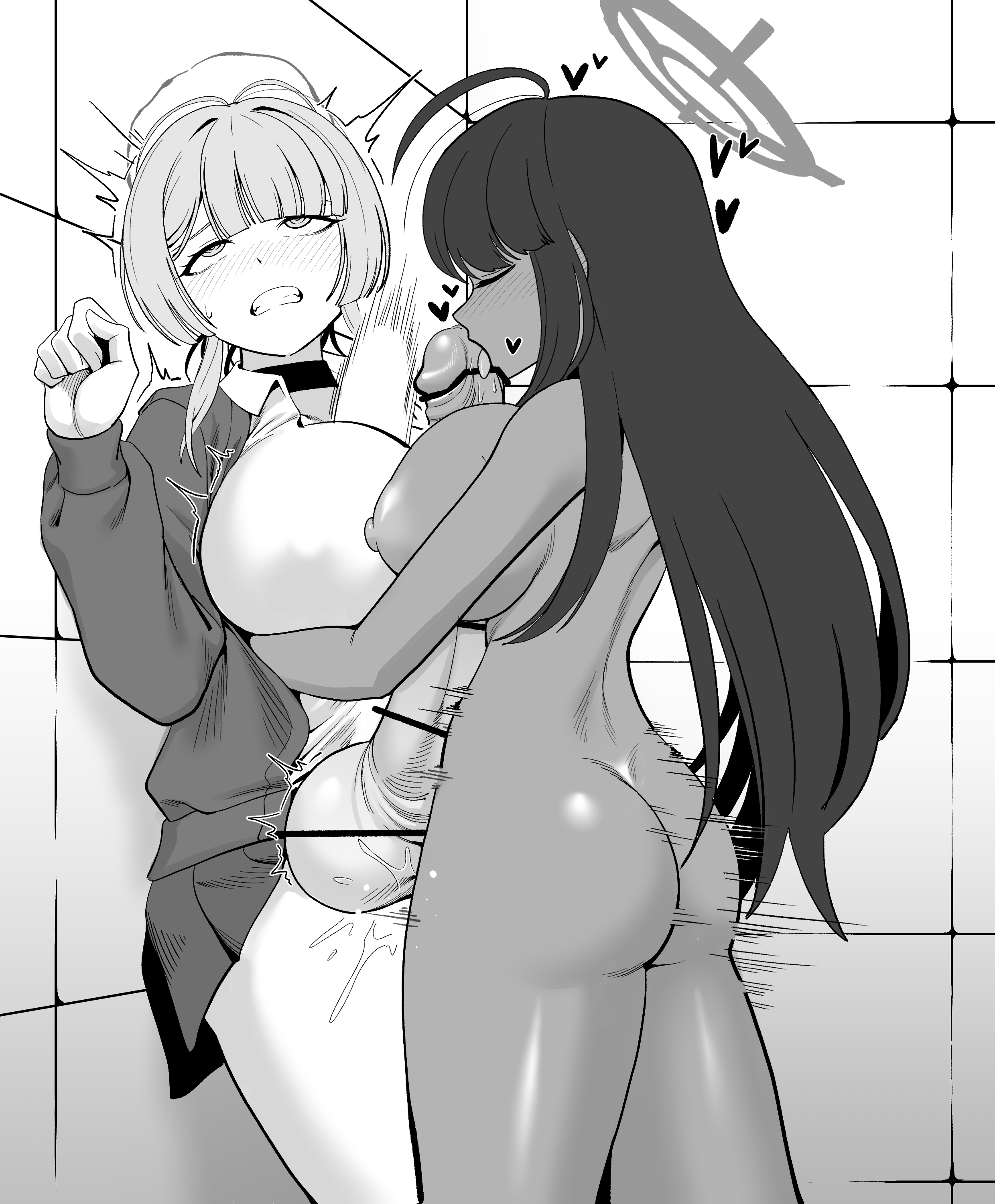 2futas, ahe gao, balls, big balls, blue archive, breasts, caught, caught in the act, censor bar, censored, closed eyes, clothed, clothed futa, clothed sex, clothing, dark skin, dark-skinned futa, deep penetration, futa on futa, futa only, futa/futa, futanari, huge balls, huge breasts, huge cock, huge testicles, hung bottom, interracial, intersex, itokonoue kaoru, karin (blue archive), long hair, looking at viewer, monochrome, nipples, nude, penis, project kv, pussy, stomach bulge, stomach deformation, tekkin papa, testicles, tongue, tongue out, vaginal insertion, vaginal penetration, vaginal sex