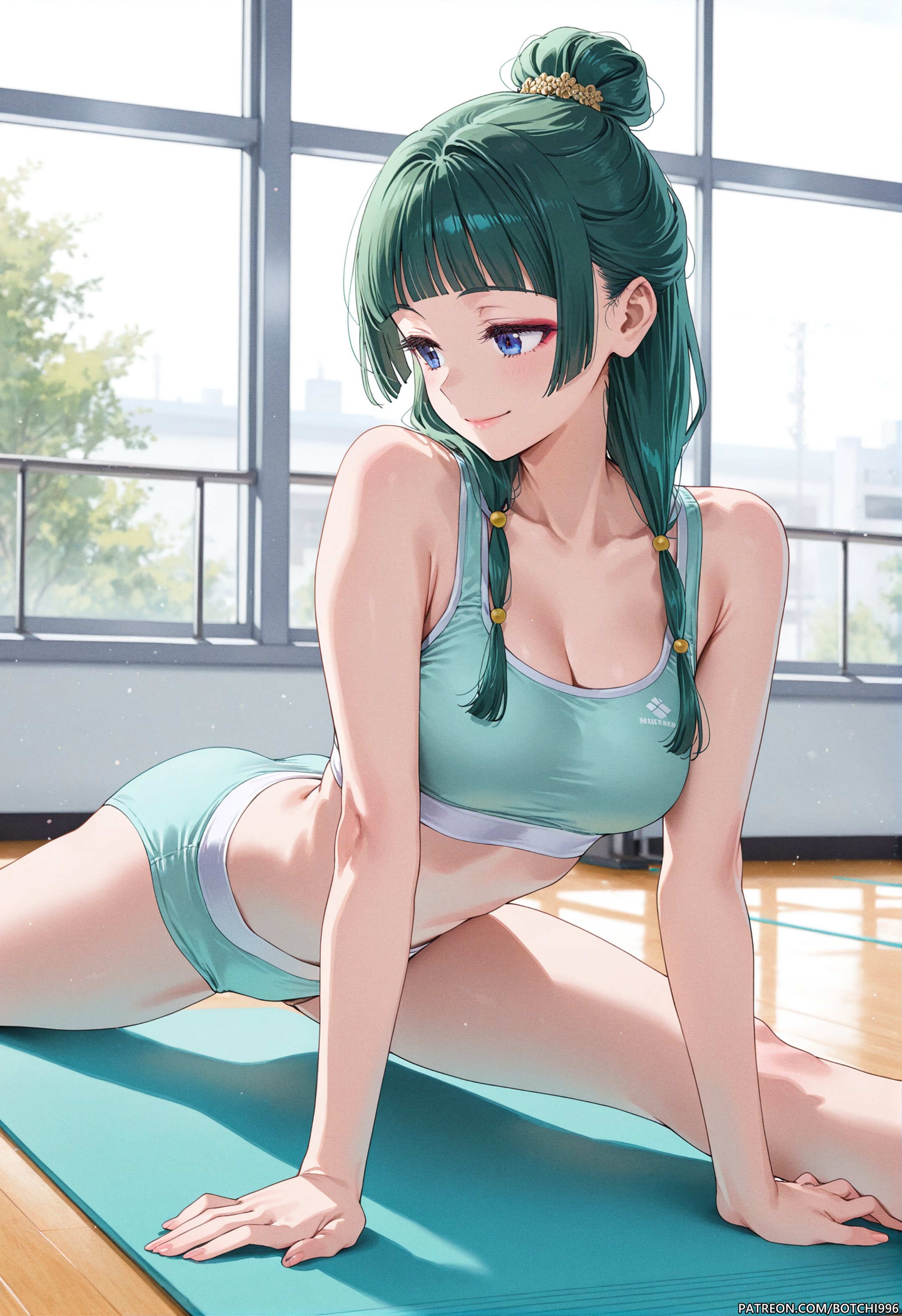 1girls, ai generated, bangs, blue eyes, blunt bangs, botchi996, breasts, cleavage, closed mouth, collarbone, female, green hair, hair bun, hair scrunchie, indoors, kusuriya no hitorigoto, large breasts, long hair, maomao (kusuriya no hitorigoto), scrunchie, smile, solo, sports bra, underwear, window