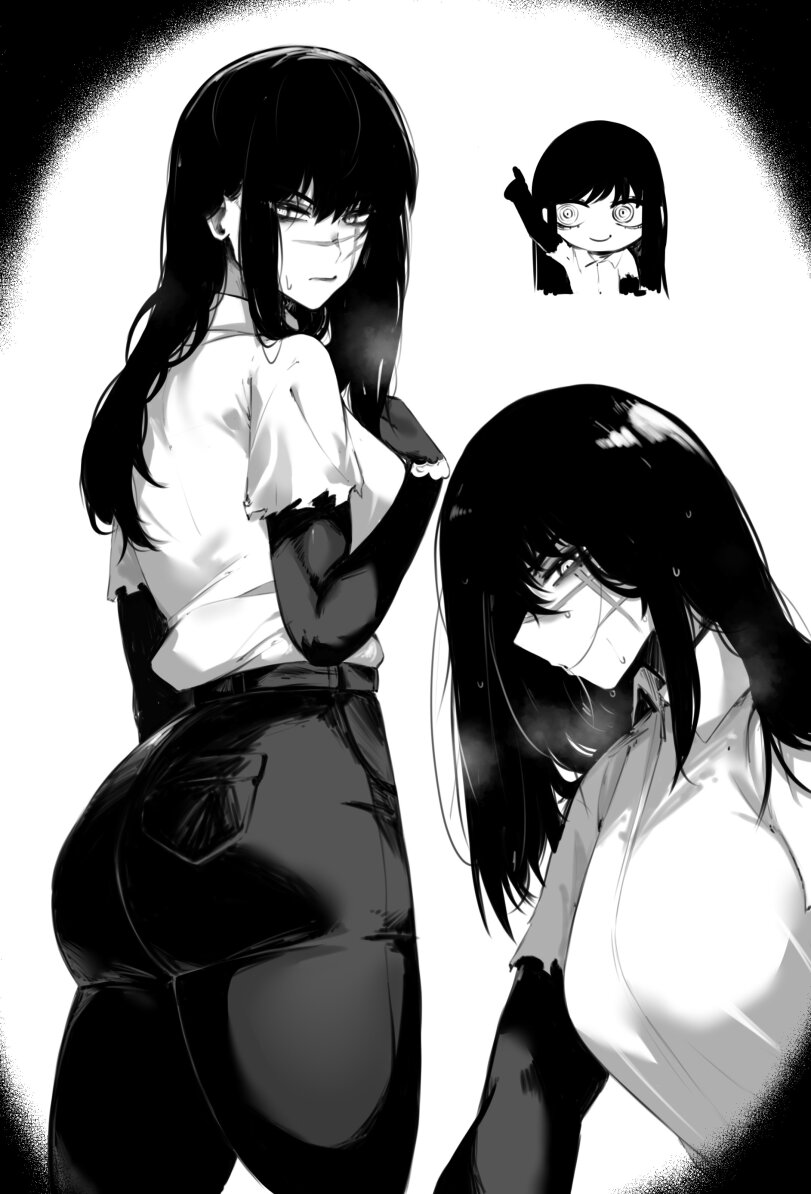 1girls, 2d, ass, big ass, big breasts, black and white, breasts, chainsaw man, female, female focus, female only, looking at viewer, masoq095, mitaka asa, sweat, thick, thick ass, thick thighs, thighs, white shirt, wide hips, yoru (chainsaw man)