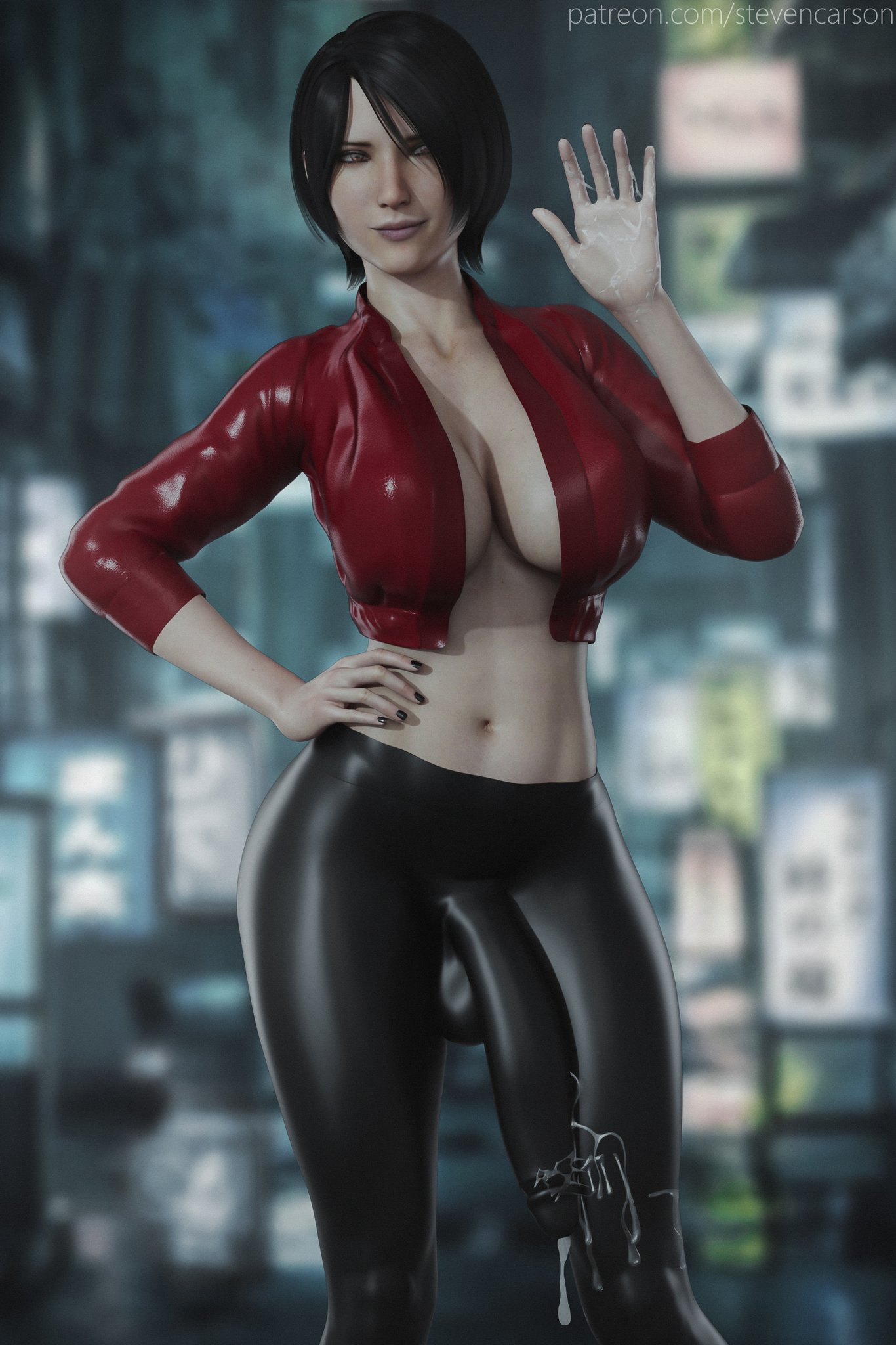 1futa, 3d, ada wong, asian, balls, balls bulge, balls under clothes, bimbo, biohazard, black hair, breasts, bulge, cameltail, cleavage, clothing, cock sleeve (clothes), cum, cum drip, cum in clothes, cum on hand, cumshot, curvy, ejaculation, flaccid, futa only, futanari, genitalwear, hands-free, handsfree ejaculation, huge breasts, huge penis, impossible clothes, intersex, jacket, latex, latex futa, latex pants, leggings, looking at viewer, muscular, muscular futa, pants, penis, penis bulge, penis under clothes, realistic, red jacket, resident evil, short hair, solo, solo futa, stevencarson, testicles, wide hips, yoga pants