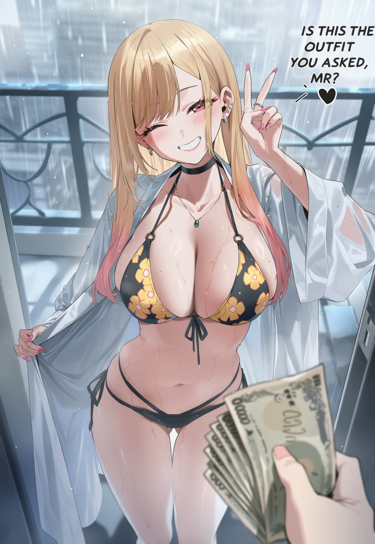 1boy, 1girls, ai generated, bangs, bikini, black bikini, blonde hair, blurry, blush, breasts, choker, cleavage, collarbone, compensated dating, dated, earrings, female, front-tie top, grin, jewelry, kitagawa marin, large breasts, leaning forward, long hair, looking at viewer, male, money, my dress up darling, nail polish, navel, necklace, one eye closed, pov, pov hands, prostitution, see-through, side-tie bikini, smile, solo focus, sono bisque doll wa koi wo suru, swimsuit, v, wet, yuneillusts