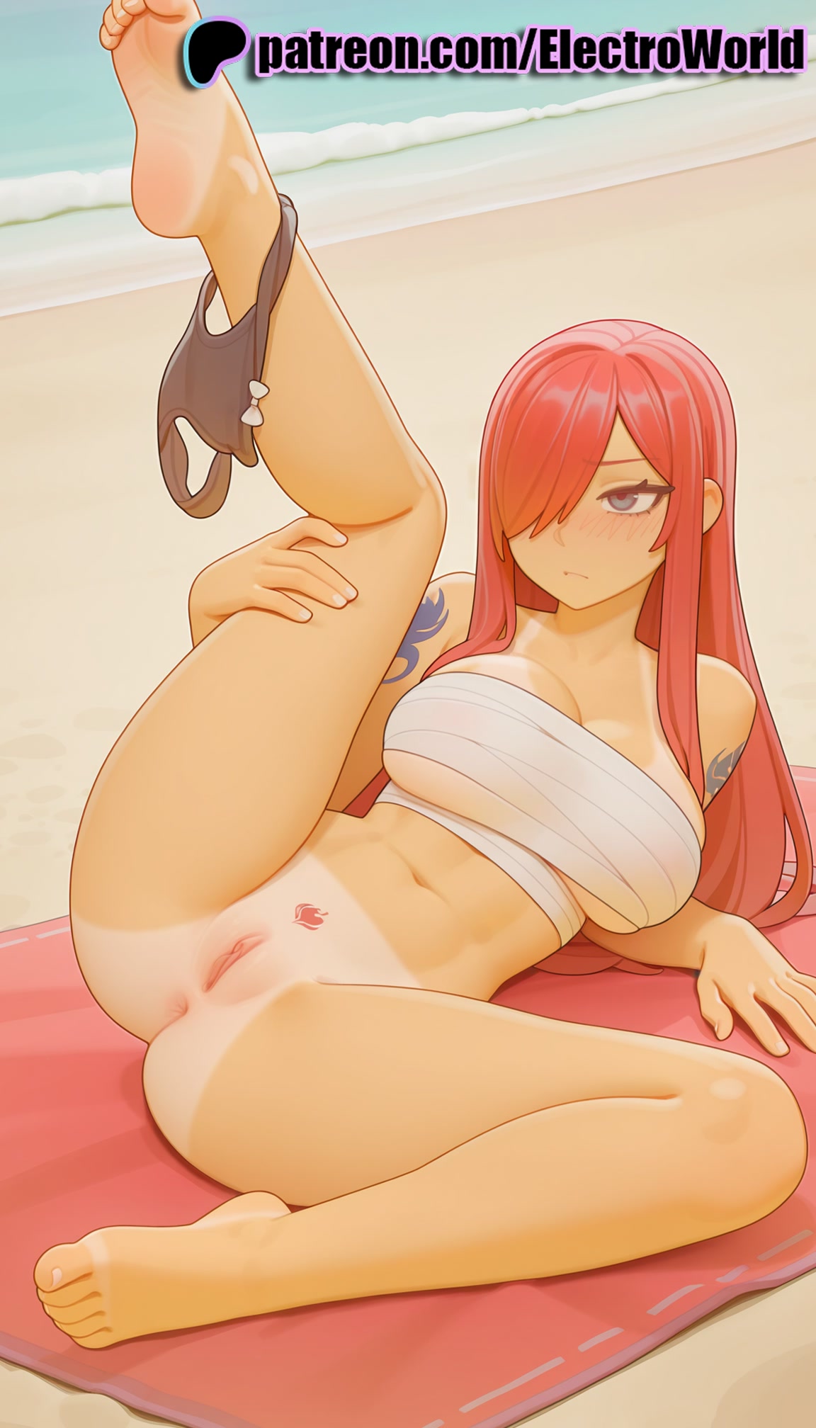 1girls, 2025, ai generated, anus, arm tattoo, artist name, bandaged arm, bandaged leg, bandages, bandaid, bandaid on face, barefoot, beach, blue tattoo, blush, breasts, bust, chest, clitoral hood, clitoris, electroworld, erza scarlet, exposed anus, exposed pussy, fairy tail, fairy tail mark, feet, female, hair over one eye, hi res, high quality, high resolution, highres, juicy pussy, legs apart, legs spread, long hair, lying, naked bandage, navel, open legs, panties, panties around one leg, patreon, patreon username, pussy, red hair, red-haired female, sarashi, soles, solo, splayed legs, spread legs, stable diffusion, tan, tattoo, tight anus, tight pussy, toes, uncensored, underwear, vagina, watermark