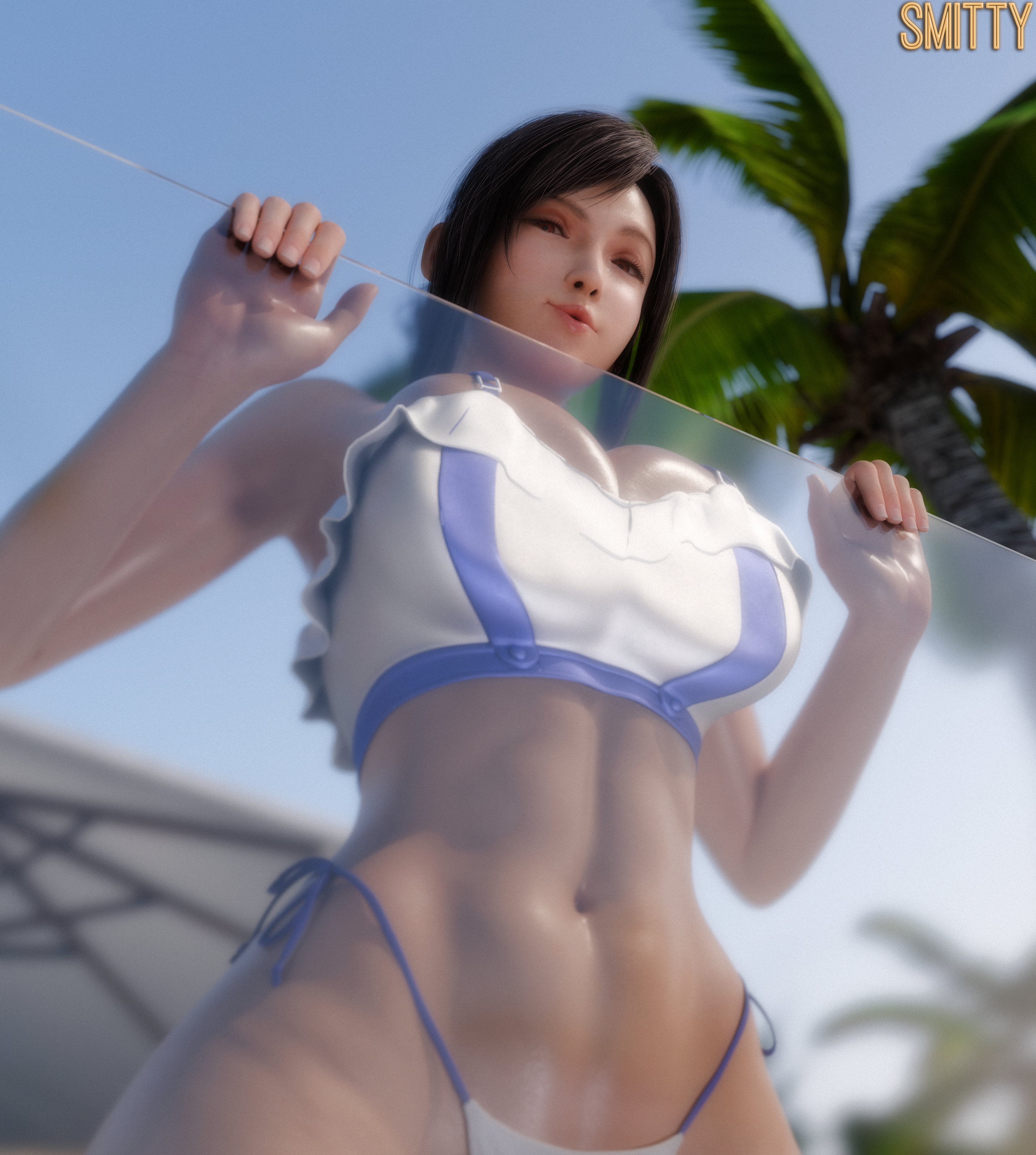 1girls, 3d, 3d (artwork), asian, asian female, big breasts, bikini, breasts, brown hair, brown-haired female, brunette hair, female, final fantasy, final fantasy vii, final fantasy vii remake, large boobs, large breasts, looking at viewer, looking down at viewer, outdoors, outside, smitty34, squish, squished breasts, swimsuit, swimwear, tifa lockhart, tifa lockhart (shining spirit), trees, umbrella, video game character