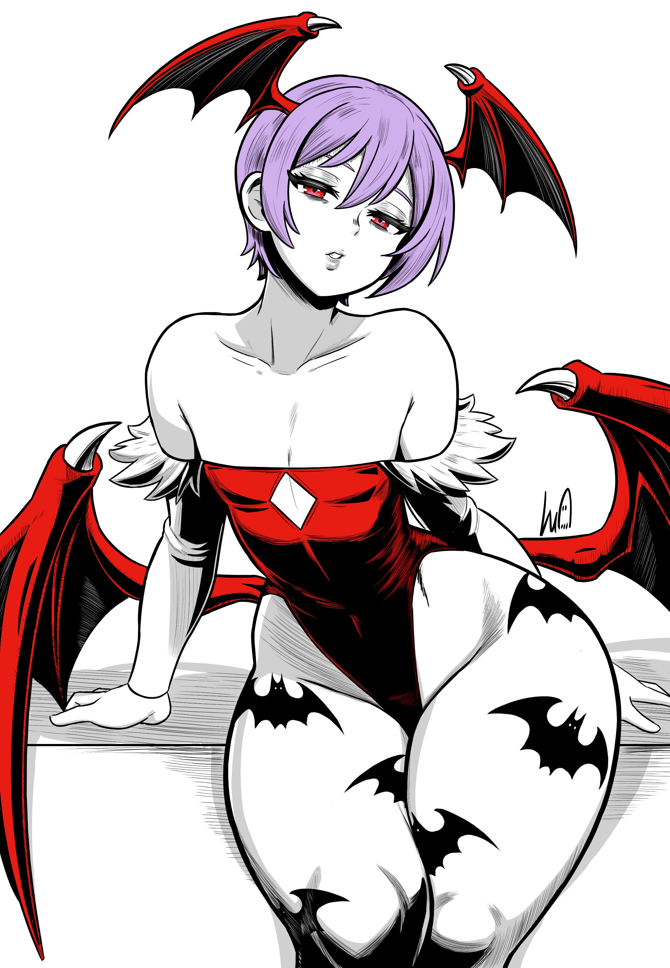 1girls, 4 wings, bottom heavy, breasts, capcom, darkstalkers, diamond cutout, diamond cutout leotard, eyes half open, feathers, female, flat chest, flat chested, head wings, highleg leotard, leotard, lilith aensland, looking at viewer, lughost, pale skin, pale-skinned female, petite, petite body, petite female, puckered lips, purple hair, red eyes, red leotard, red wings, simple background, small breasts, solo, strapless, strapless leotard, succubus, succubus wings, thick thighs, vampire (game), vampire savior, white background, wide hips, wide thighs, wings on back, wings on head