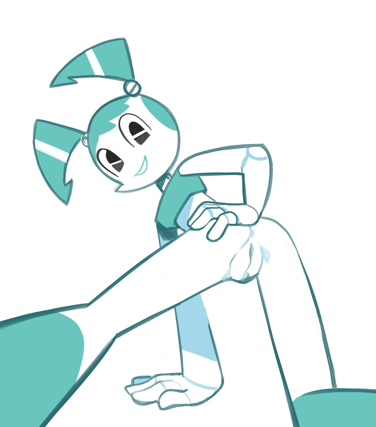1girls, anus, ass, bad id, bad pixiv id, blue hair, bottomless, fridge (artist), hand on ass, jenny wakeman, looking at viewer, my life as a teenage robot, pussy, robot, robot girl, robot humanoid, solo, solo female, twintails, vagina, white skin