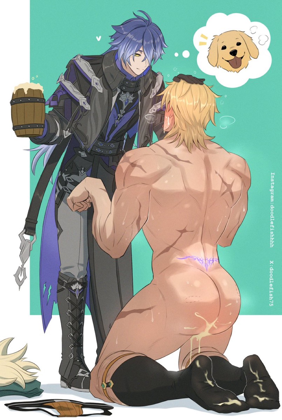 accessories, after sex, alcohol, alcoholic drink, bara, beer, belt, big sub small dom, bite mark, black gloves, black socks, blonde hair, blue hair, blush, blushing at partner, blushing male, boots, booze, boxers, claiming, clothes on floor, clothes removed, cum, cum in ass, cum in mouth, cum in pussy, cum inside, cum on ass, cum on body, cum on sock, cum on socks, cumsock, doodlefish75, flins (genshin impact), fully clothed, fully naked, garter belt socks, garter straps, gay, gay male, gay sex, genshin impact, gloves, heart, jizz, jockstrap, male, male only, marking, markings, masculine, masculine male, muscular, muscular male, naked, naked male, on knees, orange boxers, orange jockstrap, orange underwear, panting, patting head, paws, puppy, puppyplay, scar, scars, semen, sex mark, sex slave, small dom big sub, sperm, sticking out tongue, straps, taller male, thought bubble, underwear, underwear on floor, varka (genshin impact), yaoi, yellow eyes
