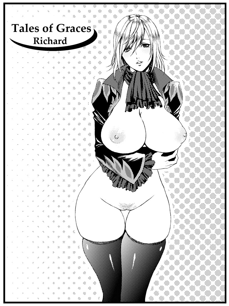 ascot bangs blush border bottomless breast_hold breasts character_name cleavage copyright_name cowboy_shot cravat curvy english_text female frilled_sleeves frills genderswap_(mtf) halftone halftone_background head_tilt juliet_sleeves long_sleeves looking_at_viewer monochrome no_bra parted_lips pubic_hair puffy_sleeves richard_(tales) richard_(tales_of_graces) rule_63 short_hair simple_background skindentation solo standing swept_bangs tales_of_(series) tales_of_graces thigh_gap thighhighs thighs uncensored usaginagomu white_border wide_sleeves