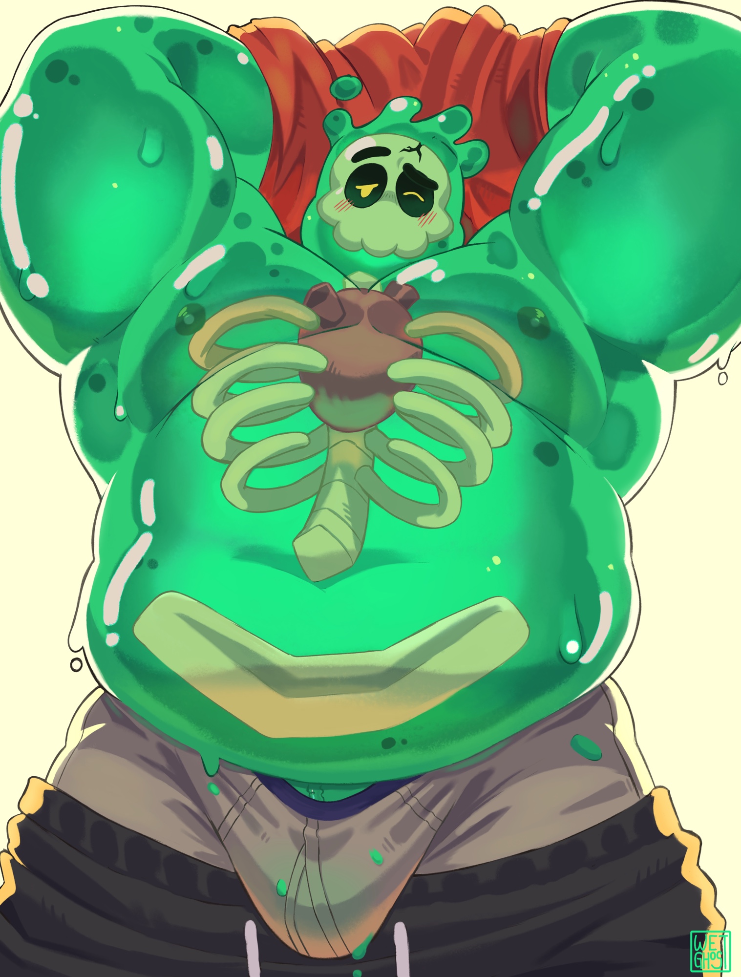 arms behind head, bara, biceps, big biceps, big pecs, bones, bulge, chubby, chubby male, doug (monster prom), gay, heart, male only, monster con, monster prom, musclegut, nipples, non-human, non-human head, non-human only, pants, pants down, pecs, red shirt, ribs, shirt, simple background, skull, slime monster, stomach, taking clothes off, taking off pants, taking off shirt, toony face, underwear bulge, wetghost