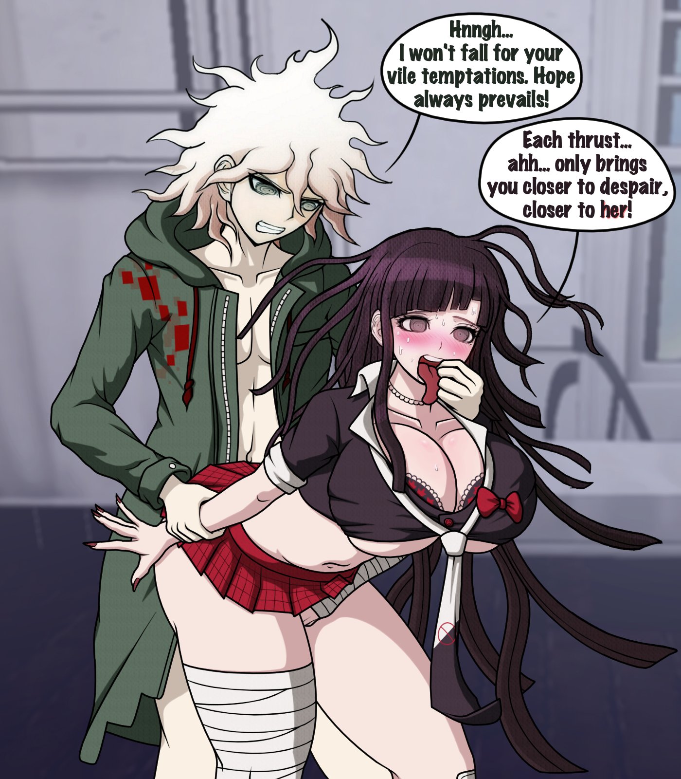1boy1girl, ambiguous penetration, big breasts, cheeeeeeeeeeeeen, danganronpa, danganronpa (series), danganronpa 2: goodbye despair, junko enoshima (cosplay), nagito komaeda, nipples, penis, pussy, sprite edit, tagme, tsumiki mikan