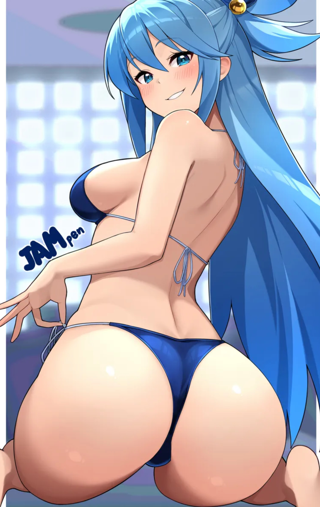 aqua (konosuba), ass, ass focus, asscheeks, back view, backside, big ass, bikini, bitt, blue eyes, blue hair, blush, blush lines, booty, curves, curvy, cute, cute face, fat ass, feet, feet out of frame, female, female focus, female only, goddess, head turned, jam pentail, jampen, kono subarashii sekai ni shukufuku wo!, konosuba, long hair, looking at viewer, medium breasts, pale skin, pale-skinned female, sexy, sexy body, sideboob, solo, solo female, solo focus, thick ass, voluptuous, voluptuous female