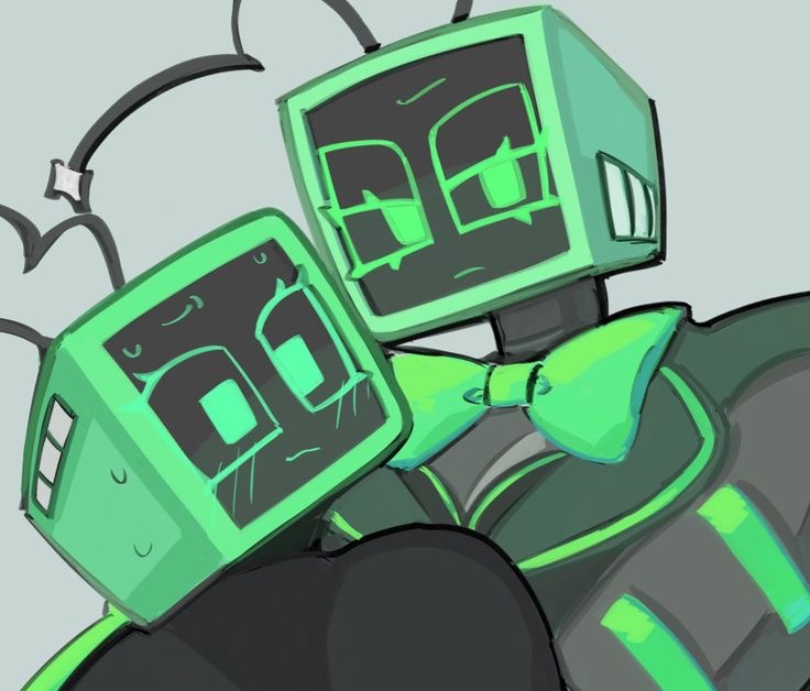 2girls, annoyed expression, annoyed face, antennas, black body, blush, blush lines, cropped image, crunch studio, dandy's world, dandys world, digital drawing (artwork), digital media (artwork), green bowtie, green suit, light blue background, looking at viewer, mechanical arms, musshuwoo (artist), roblox, roblox game, sweatdrop, tv head, tv screen, vee (dandy's world)
