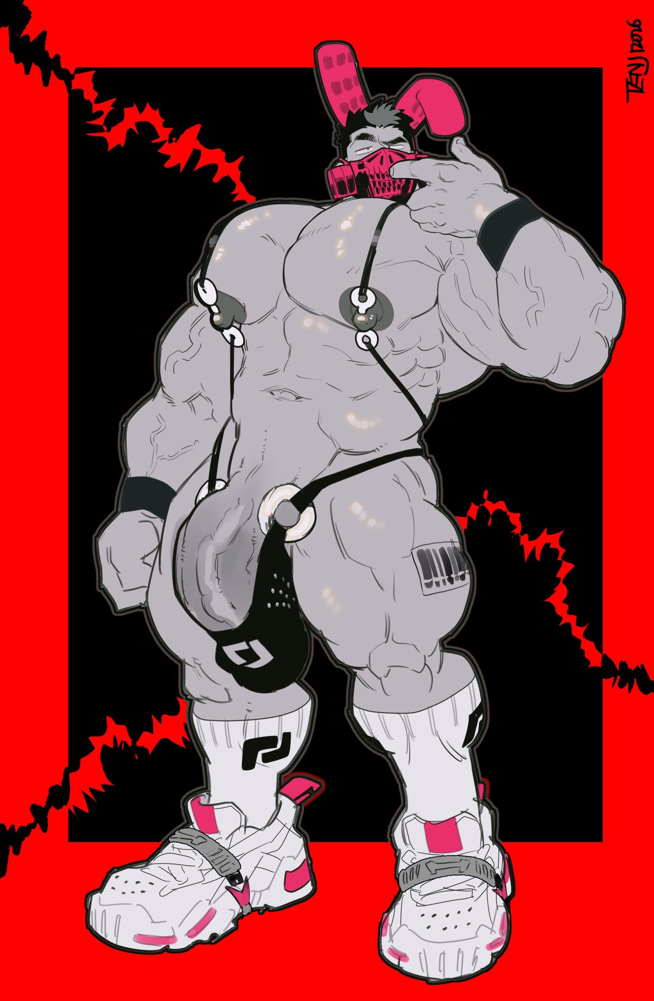 1boy, 2026, abs, artist name, bara, barbell piercing, barely contained, barely contained penis, biceps, big bulge, black background, black clothing, black thong, black underwear, border, bulge, clothed, clothing, dated, fake ears, fake rabbit ears, footwear, gas mask, genitals, male, mammal, mask, monochrome, muscular, muscular human, muscular male, muscular thighs, nipple barbell, nipple piercing, nipple ring, nipples, pecs, penis, piercing, pink rabbit ears, red border, ring piercing, shoes, simple background, socks, standing, ten g89, text, thong, topless, underwear, vein, veiny muscles, veiny penis, white clothing, white footwear, white shoes, white socks, wristband