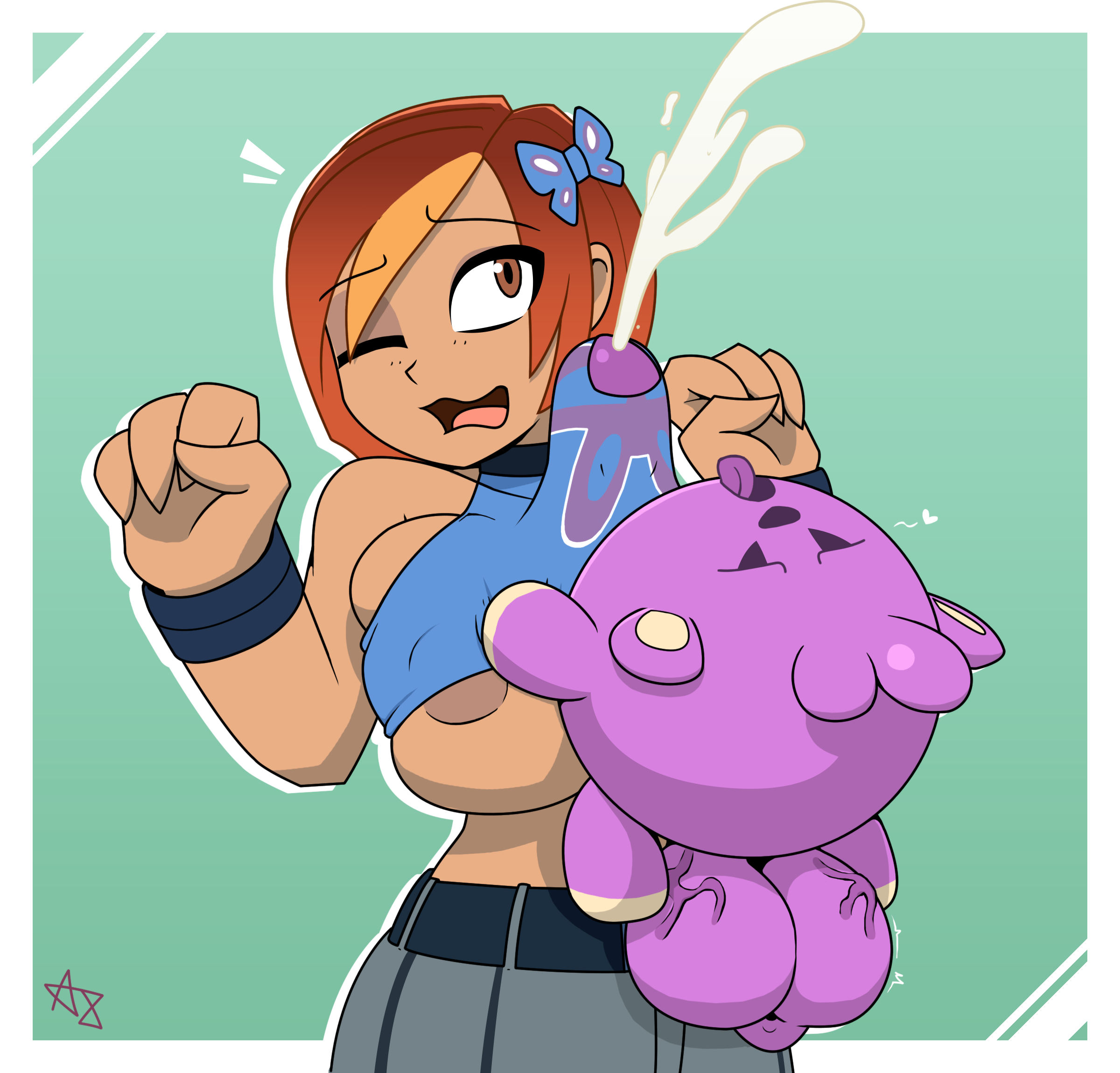 1boy1girl, 1girls, areola slip, areolae, arms up, balls, bear, belt, big balls, big breasts, big penis, bracelet, breasts, butterfly (planetronika), clenched balls, cum, cumshot, cyan background, ejaculation, female, genital fluids, genitals, hair, hair ornament, huge balls, huge breasts, huge cock, human, humanoid genitalia, humanoid penis, kiperia, male, male/female, open mouth, orange eyes, orange hair, paizuri, paizuri under clothes, pants, penis, pink fur, planetronika, pleasure face, round body, sex, simple background, teenage girl, tight clothing, tongue out, veiny balls