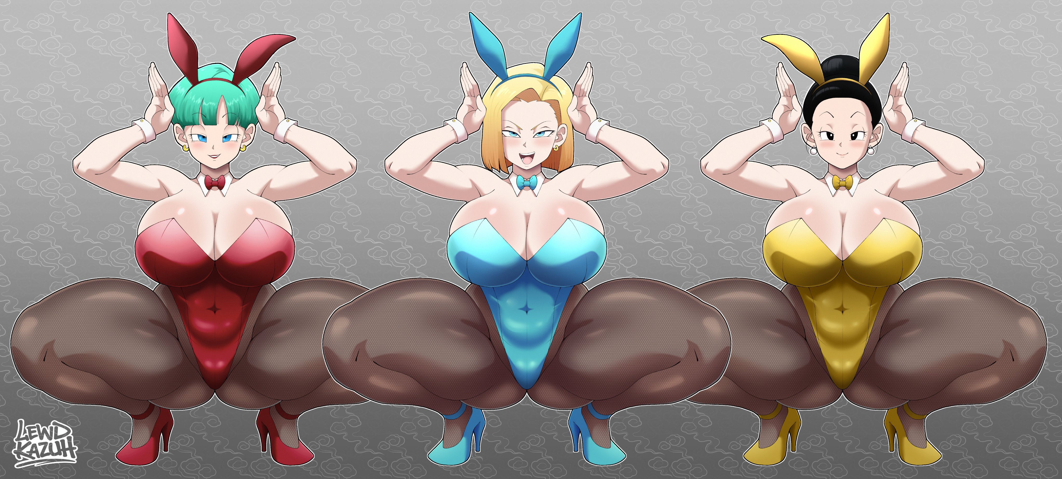 3girls, alternate version available, android 18, asian, asian female, blonde, blonde female, blonde hair, blonde hair female, blue eyes, blue eyes female, bulma, bulma (dragon ball), bulma briefs, cameltoe, chichi, chichi (dragon ball), cleavage, curvy, dragon ball, dragon ball super, dragon ball z, erect nipples, female, huge areolae, huge ass, huge breasts, lewd kazuh, puffy nipples, short hair, short hair female, thick lips, voluptuous, wide hips, yellow hair