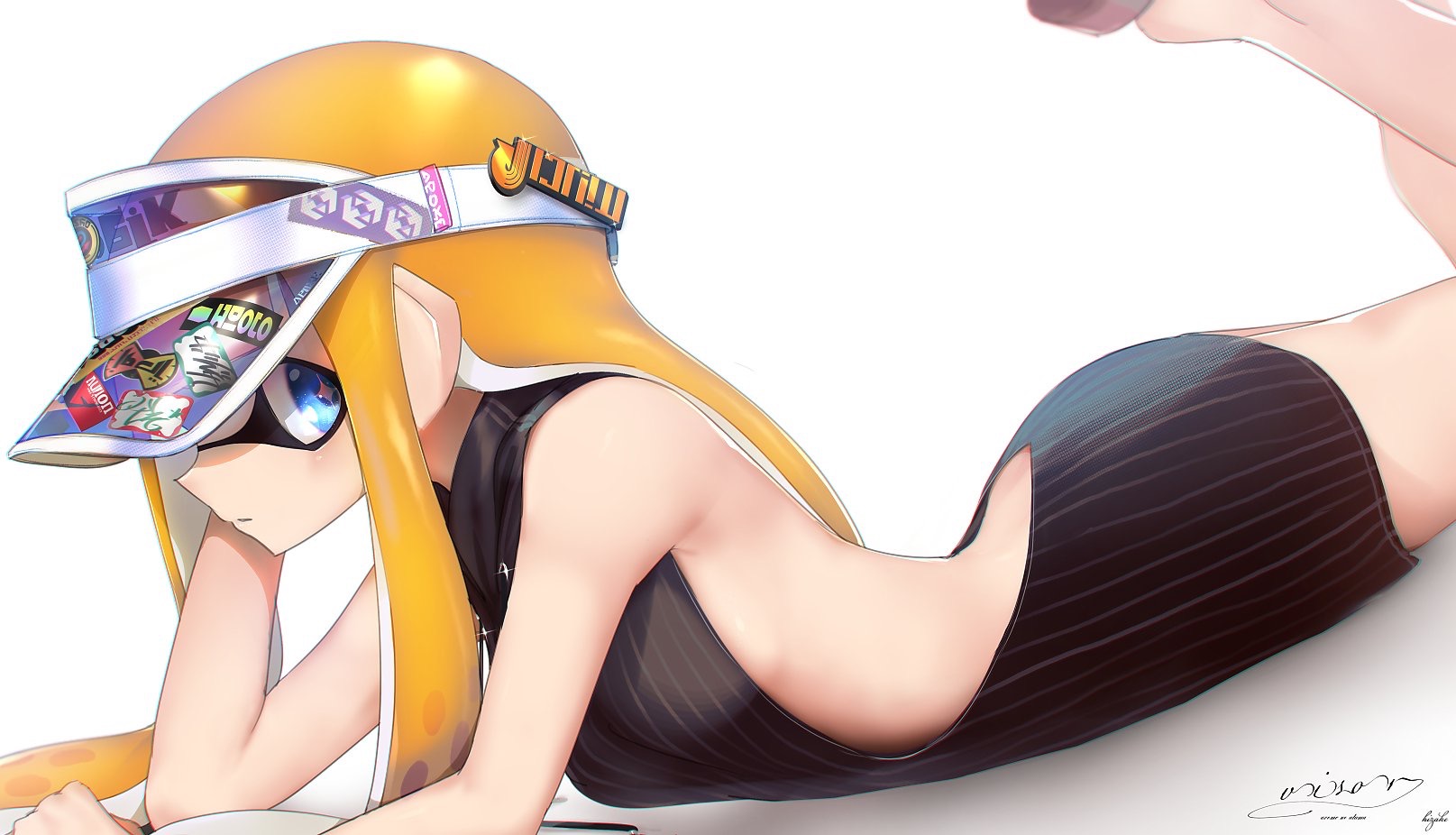 1girls, ass, backless outfit, black sweater, breasts, dress, female, female only, fully clothed, hizake, inkling, inkling girl, kaori (splatoon), kashu (hizake), laying on stomach, legs up, looking at viewer, nintendo, no bra, on stomach, orange hair, pseudo hair, sideboob, simple background, small breasts, splatoon, splatoon 2, tentacle hair, virgin killer sweater, visor cap, white background