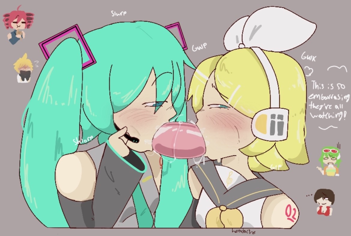 ..., 1boy, 2boys, 4girls, 5girls, aqua eyes, aqua hair, bare shoulders, blonde hair, blowjob, blue hair, blush, blush lines, bow, brown hair, chibi, chibi inset, clothed, clothing, crossover, deepthroat, detached sleeves, dialogue, dildo, double dildo, double penetration, english text, female, fluids, goggles, green hair, grey background, grey shirt, gumi, hair bow, hair ornament, half-closed eyes, hatsune miku, head ache, headgear, headphones, headset, headwear, kagamine len, kagamine rin, kasane teto, kiss, long hair, megpoid gumi, meiko (vocaloid), meme, motion lines, multiple boys, multiple girls, necktie, onomatopoeia, oral, pale skin, petite, plain background, red hair, saliva, saliva drip, saliva string, saliva trail, self upload, sex toy, sexually suggestive, sharing, sharing dildo, sharing sex toy, shirt, short hair, shoulder tattoo, small breasts, speech bubble, sweat, sweatdrop, sweating, tattoo, teto, text, thought bubble, tie, twintails, utau, vocaloid, white bow, yellow hair, yuri