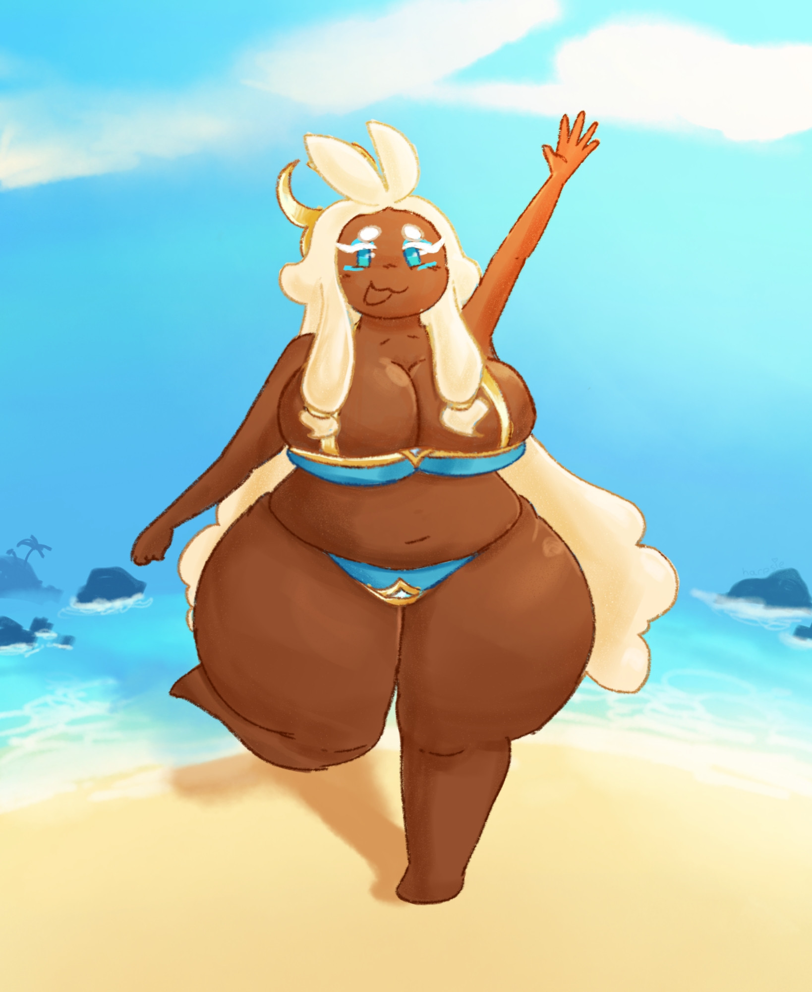 beach, beach background, clothed, clothed female, clothing, cookie, cookie run, cookie run kingdom, female, female focus, female only, harpsiechord, mozzarella cookie, tagme