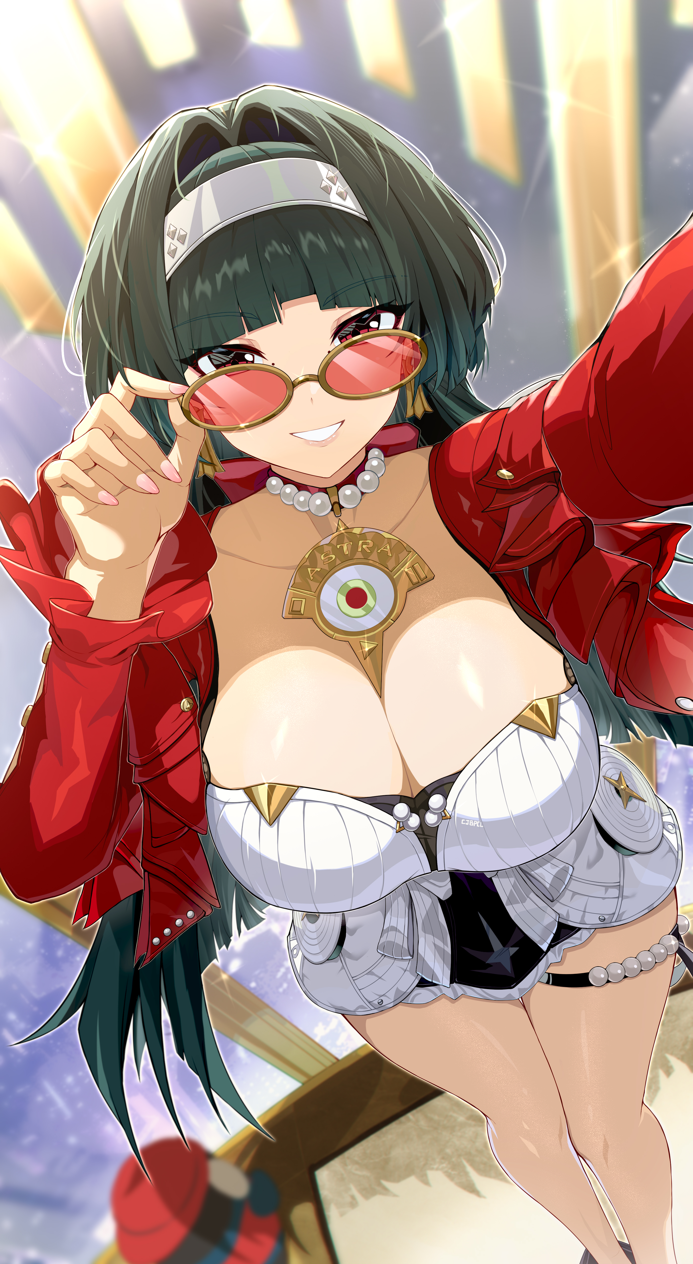 1girls, absurdres, adjusting eyewear, arm up, astra yao, bangboo (zenless zone zero), big breasts, blurry, blurry background, breasts, bupa chila, cleavage, cropped jacket, dress, female, female only, grin, hairband, highres, jacket, jewelry, large breasts, looking at viewer, looking over eyewear, looking over sunglasses, necklace, pink nails, red eyes, red jacket, red-tinted eyewear, smile, solo focus, sunglasses, thigh strap, thighs, tinted eyewear, white dress, white hairband, yellow-framed eyewear, zenless zone zero