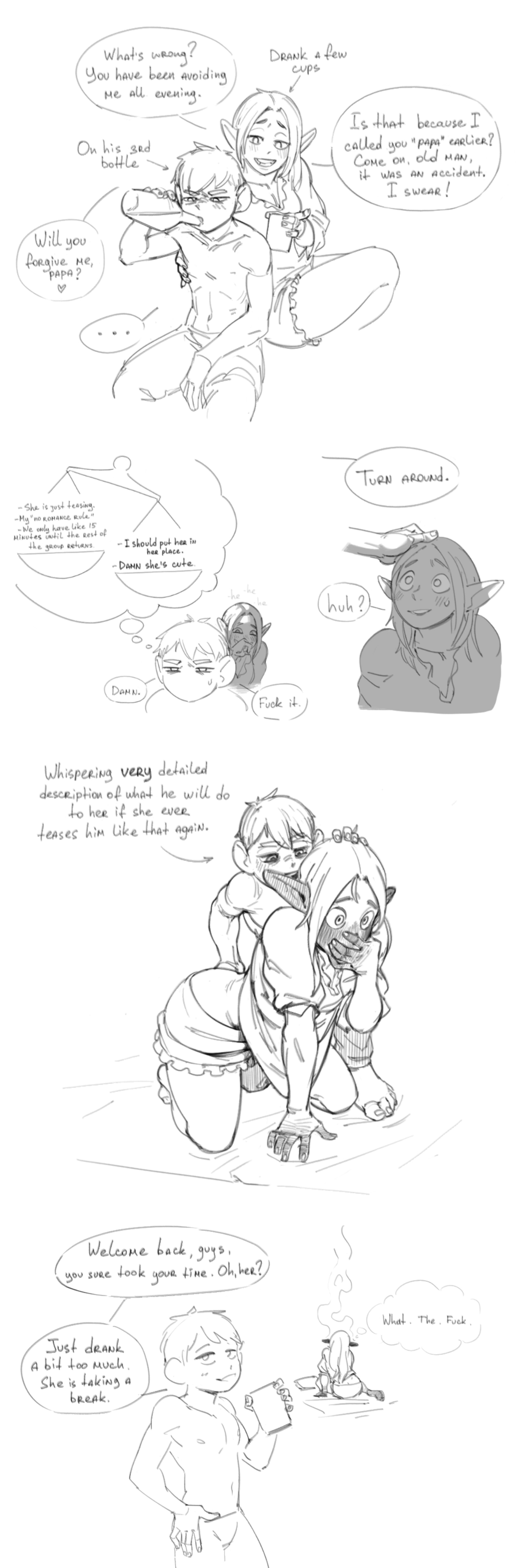 1boy, 1girls, black and white, blush, blush lines, blushing, chilchuck tims, dialogue, drunk, dungeon meshi, eddrawsstuff, full body blush, larger female, larger female smaller male, marcille donato, shirtless, shirtless male, smaller male, smaller male larger female, softcore, tagme, teasing