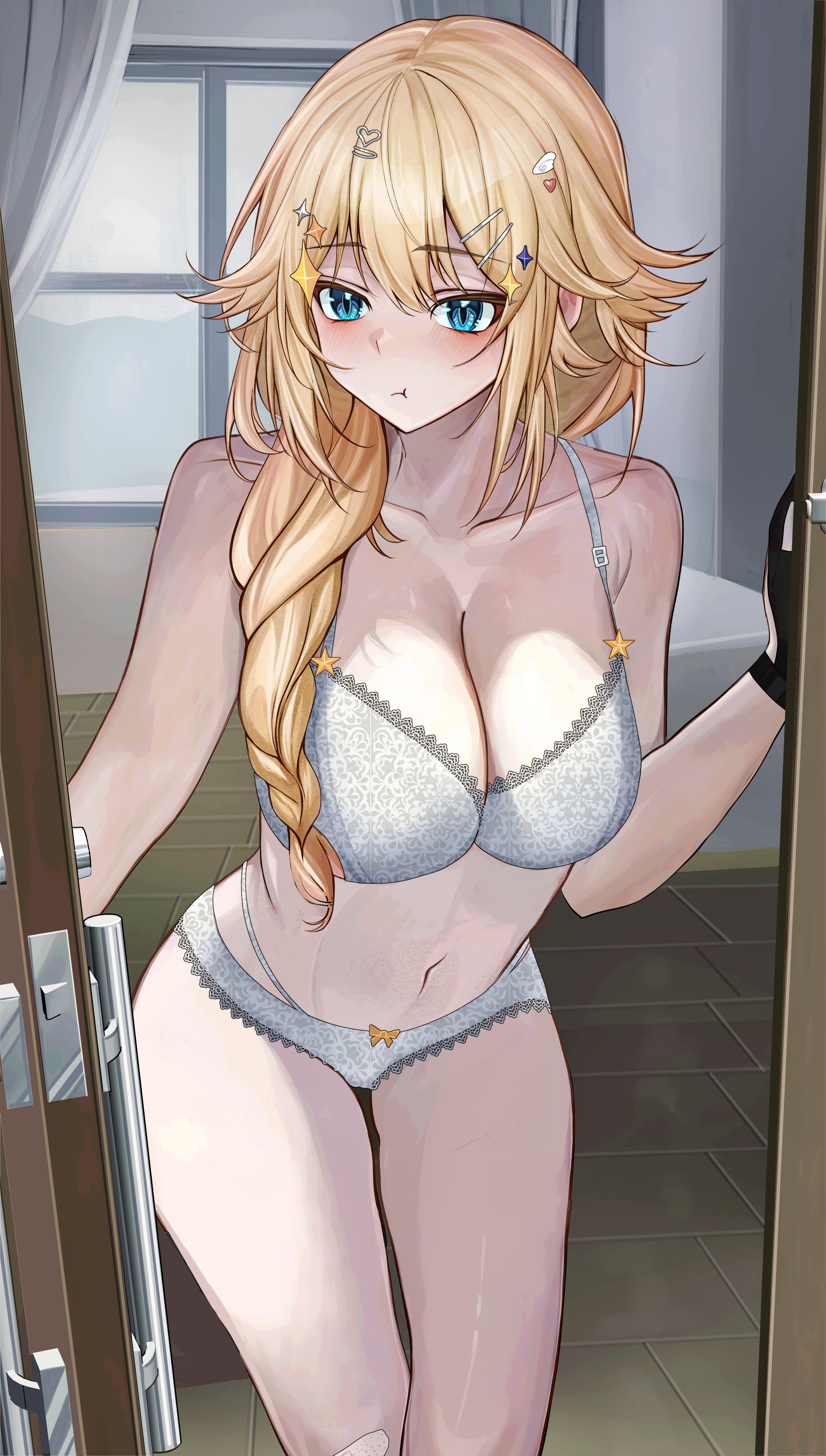 :t, 1girls, absurdres, alternate costume, armpit crease, averting eyes, bandaid, bandaid on knee, bandaid on leg, black gloves, blonde hair, blue eyes, bow, bow panties, bra, braid, breasts, cleavage, clothing cutout, collarbone, commentary, commission, cowboy shot, doorway, double-parted bangs, female, fingerless gloves, glove cutout, gloves, gurei (streaper42846), hair flaps, hair ornament, hairpin, highres, kaneko lumi, lace, lace bra, lace panties, large breasts, light blush, lingerie, long hair, low-braided long hair, low-tied long hair, navel, open door, opening door, panties, phase connect, pout, pov doorway, second-party source, single braid, solo, star (symbol), star hair ornament, stomach, thigh gap, thighs, underwear, virtual youtuber, vtuber, white bra, white panties