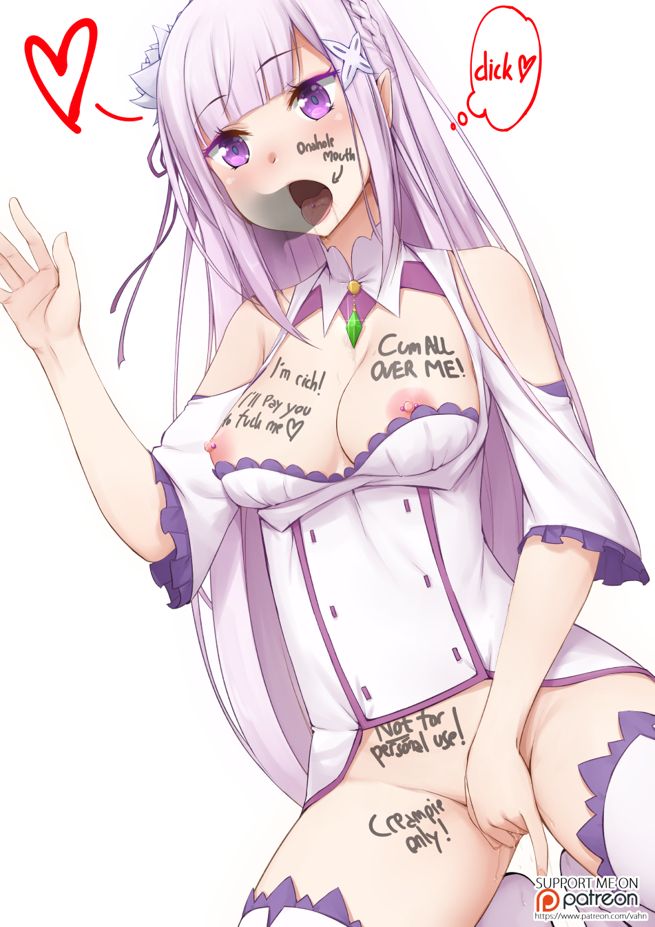 1boy, 1girls, body writing, bottomless, breasts, clothed sex, clothing, emilia (re:zero), english text, fellatio, female, female masturbation, fingering, heart, kneeling, male, masturbation, nipples, piercing, public use, pussy, pussy juice, re:zero kara hajimeru isekai seikatsu, thighhighs, tongue, vahn yourdoom, white background, white hair