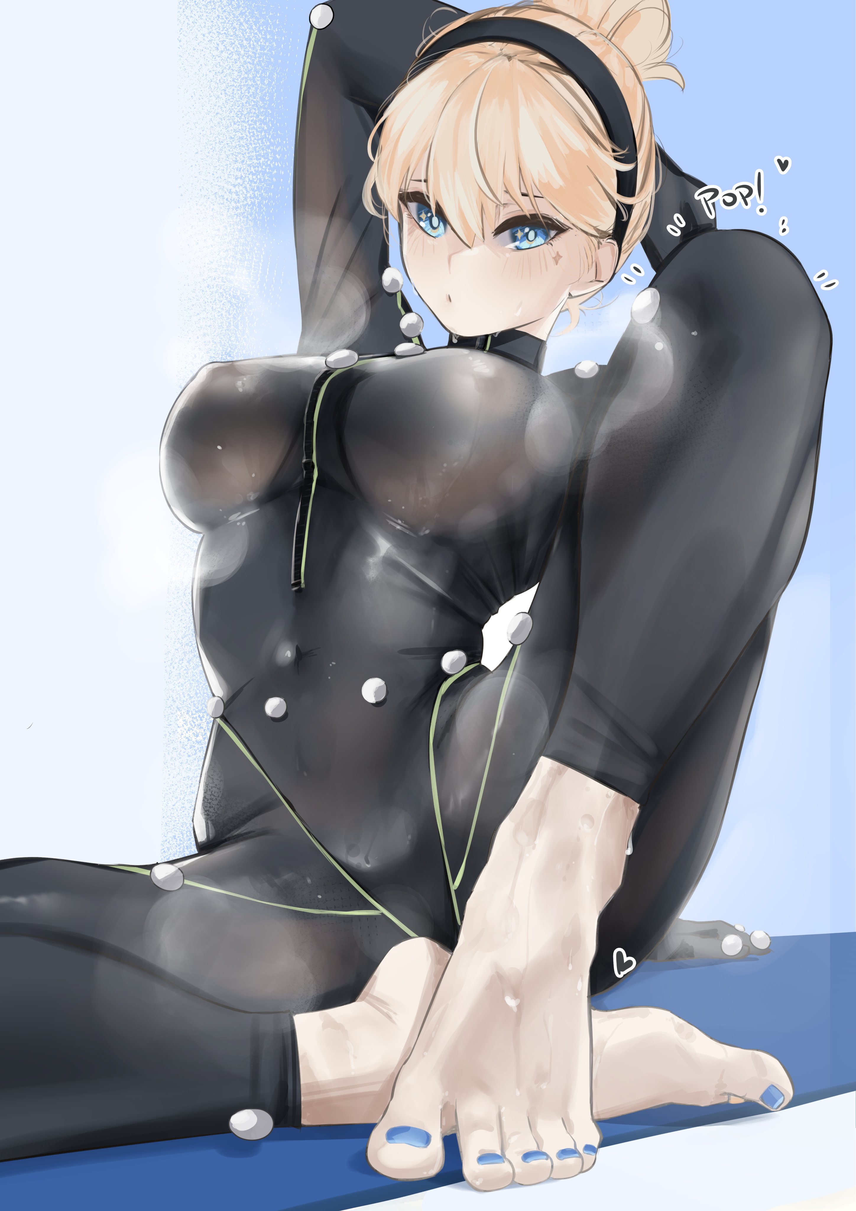 1girls, absurdres, arm behind back, arm support, arm up, barefoot, black bodysuit, black hairband, blonde hair, blue background, blue eyes, blue nails, blush, bodysuit, breasts, covered erect nipples, feet, female, full body, hair between eyes, hairband, heel up, highres, impossible clothes, kaneko lumi, knee up, large breasts, legs, looking at viewer, nail polish, nipples, nipples visible through clothing, on ground, perky breasts, perky nipples, phase connect, pupi, pupi (rain prophet), see-through, sitting, skin tight, smell, solo, sound effects, steaming body, sweat, tight clothing, toenail polish, toenails, toes, virtual youtuber, vtuber, wet, wet clothes