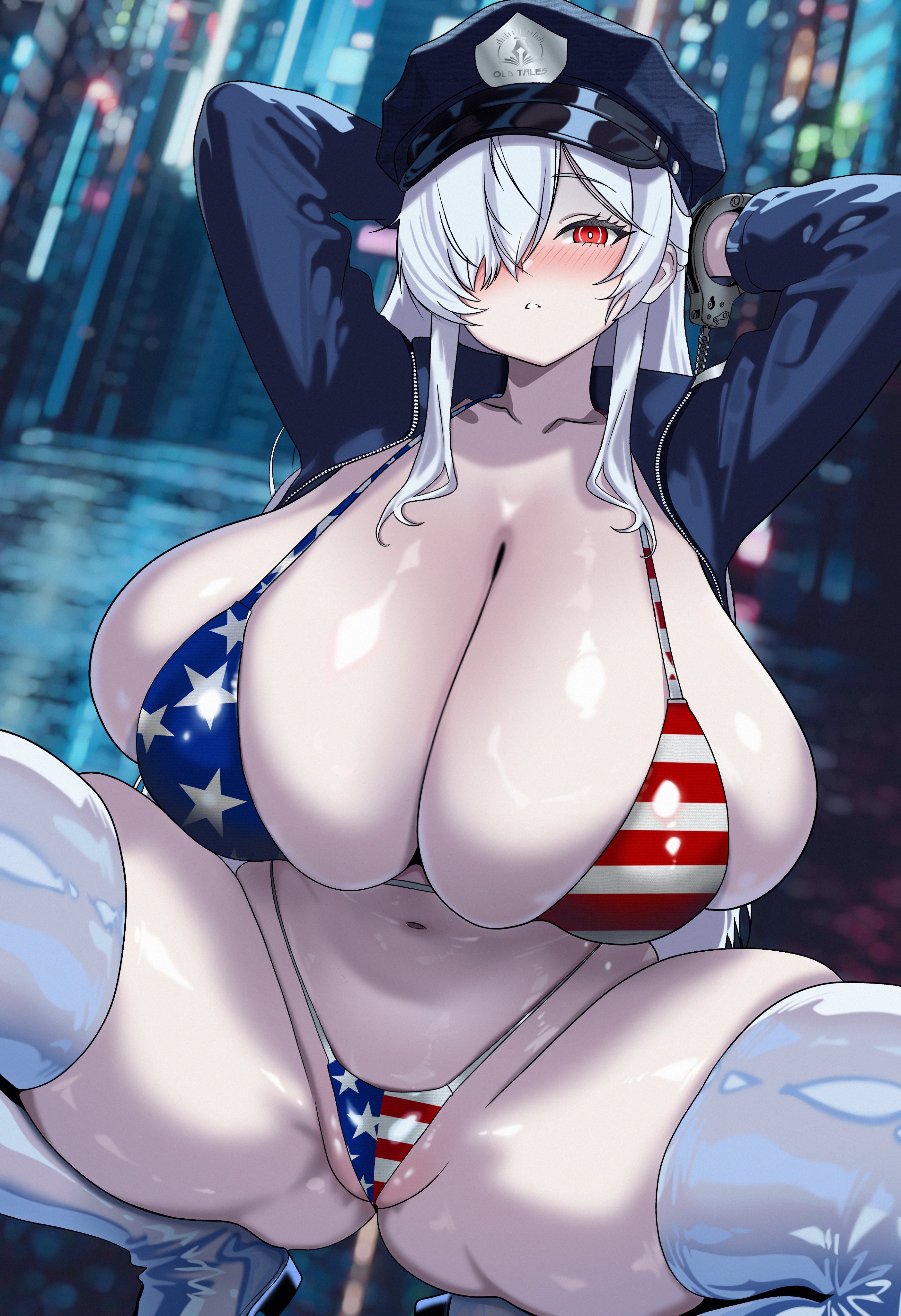 american flag, american flag bikini, arms behind back, big ass, bikini, blush, cinderella (nikke), cuff (restraint), cuffs, gigantic breasts, goddess of victory: nikke, huge breasts, huge thighs, jacket, legwear, navel, police hat, police uniform, punishedplume, pussy, pussy lips, pussy peek, red eyes, sagging breasts, silver hair, skindentation, squatting, thick thighs, thighhighs, thong, thong bikini, wide hips