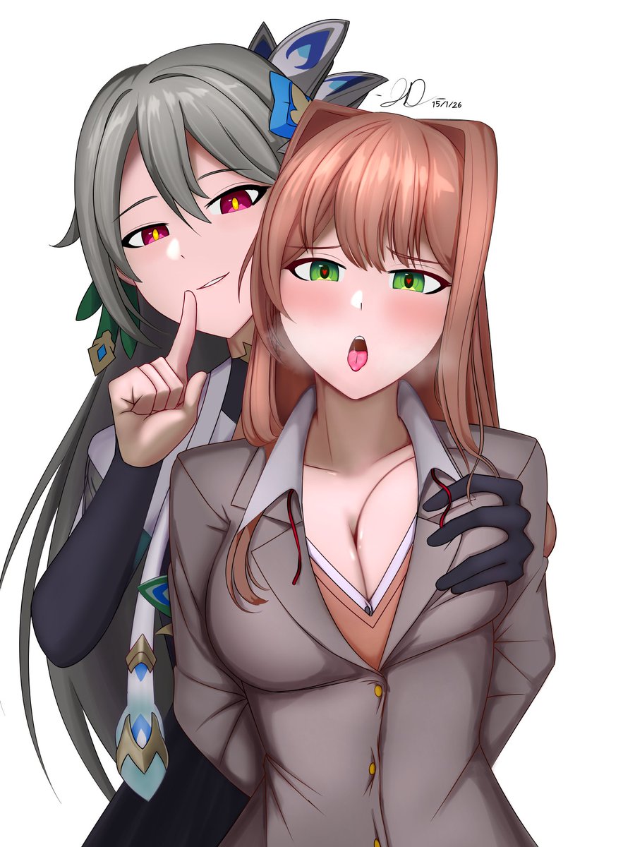 2girls, ahe gao, breast squeeze, breasts, coral brown hair, doki doki literature club, female, female focus, female only, gloved hand, gray hair, green eyes, grope from behind, groping breast, hand gesture, hand on breast, honkai (series), honkai impact 3rd, horny female, light-skinned female, looking at viewer, monika (doki doki literature club), multiple girls, red eyes, shushing, smirk, smirking at viewer, vita (honkai impact), what, yuri