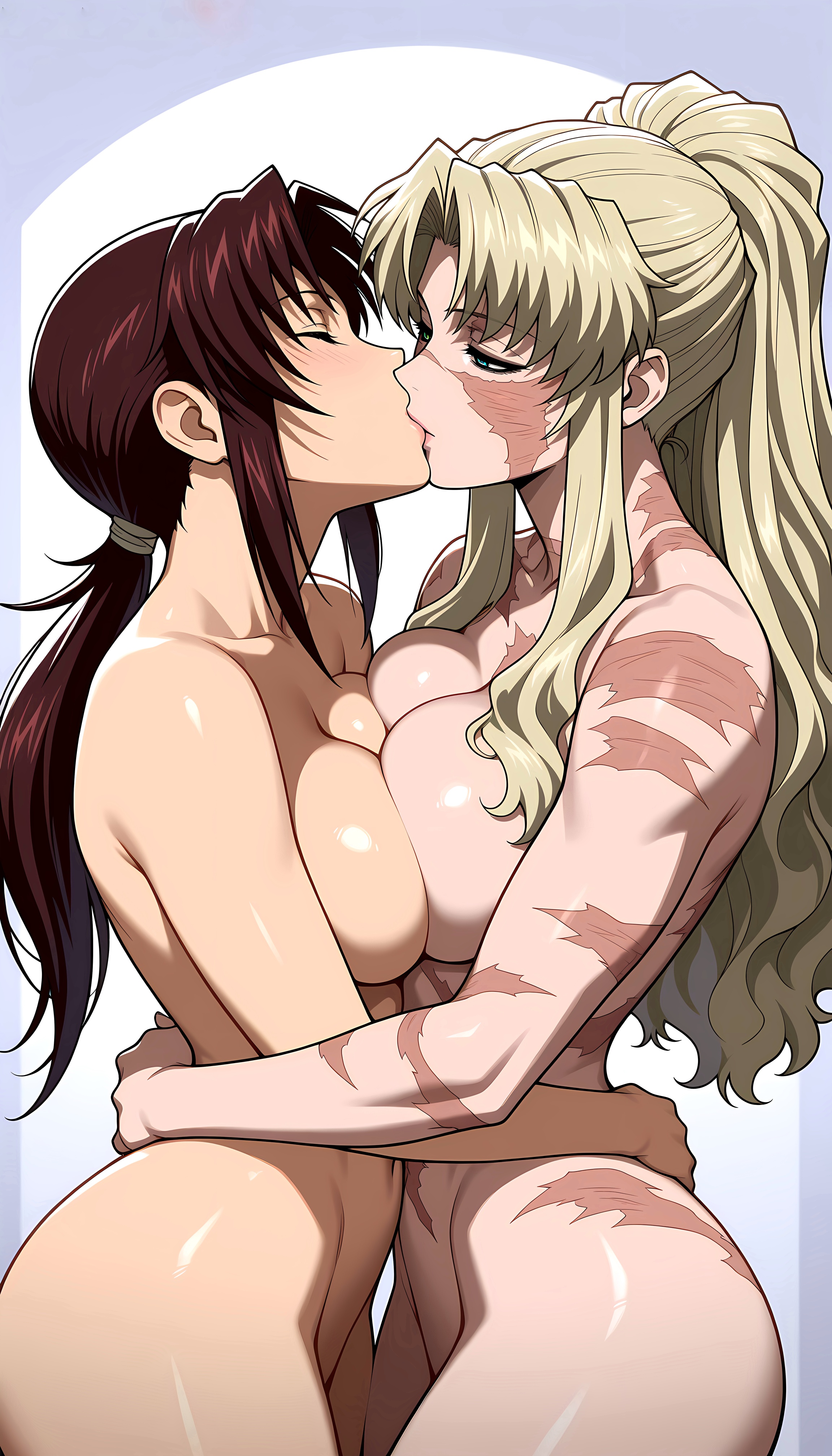 2girls, ai generated, balalaika, black lagoon, blonde hair, blue and green eyes, breasts touching, brown hair, closed eyes, female, female only, holding each other, kissing, lesbian kiss, long hair, naked, naked female, ponytail, revy, scars, tanned female, yuri