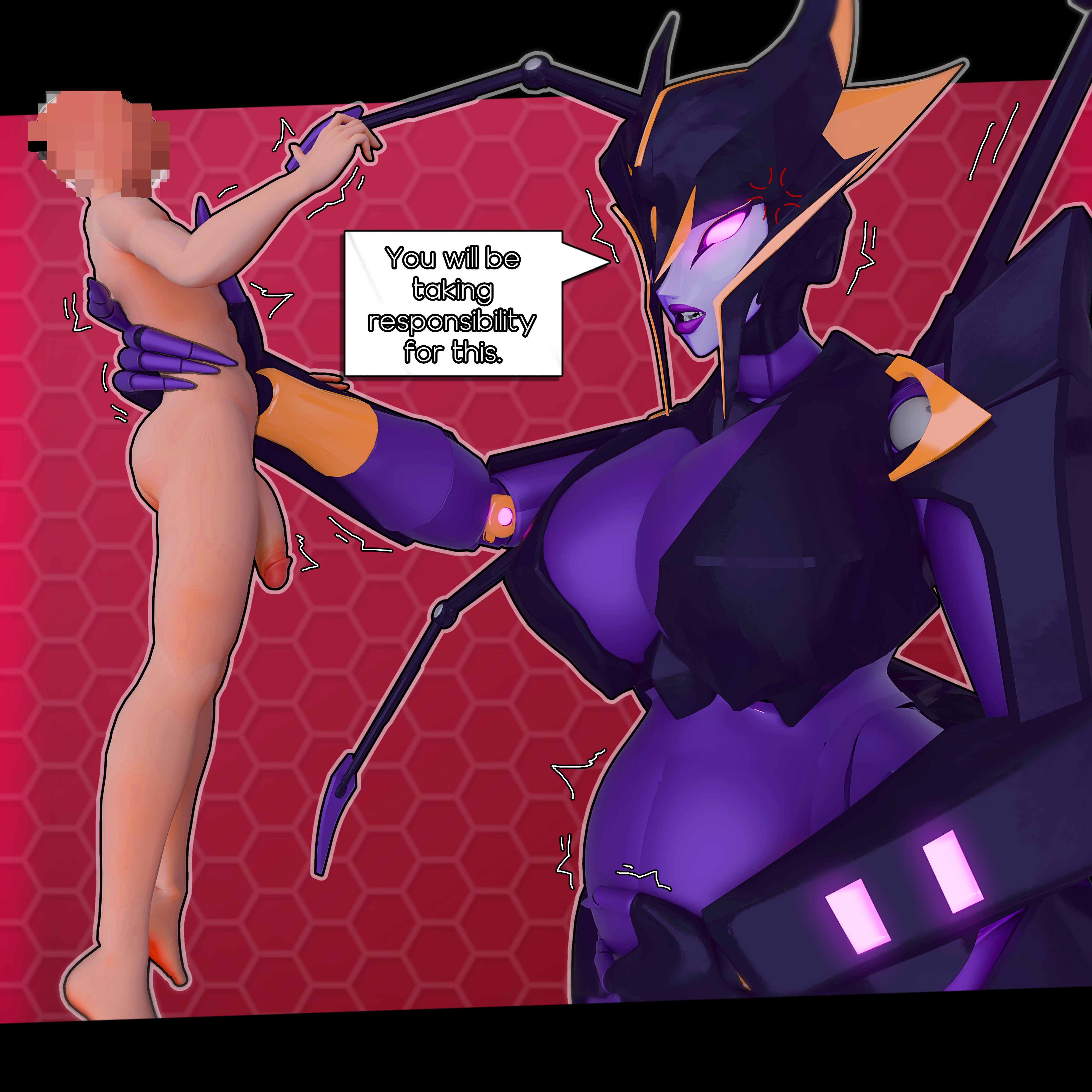 3d, 3d (artwork), 3d render, airachnid, alien, alien girl, angry, big breasts, bigger female, censored face, dialogue, giantess, grabbing partner, human, larger female, mature female, mengsk, pregnant, pregnant belly, purple body, purple eyes, purple lipstick, robot, robot girl, size difference, smaller male, straight, thick thighs, transformers, transformers prime, voluptuous