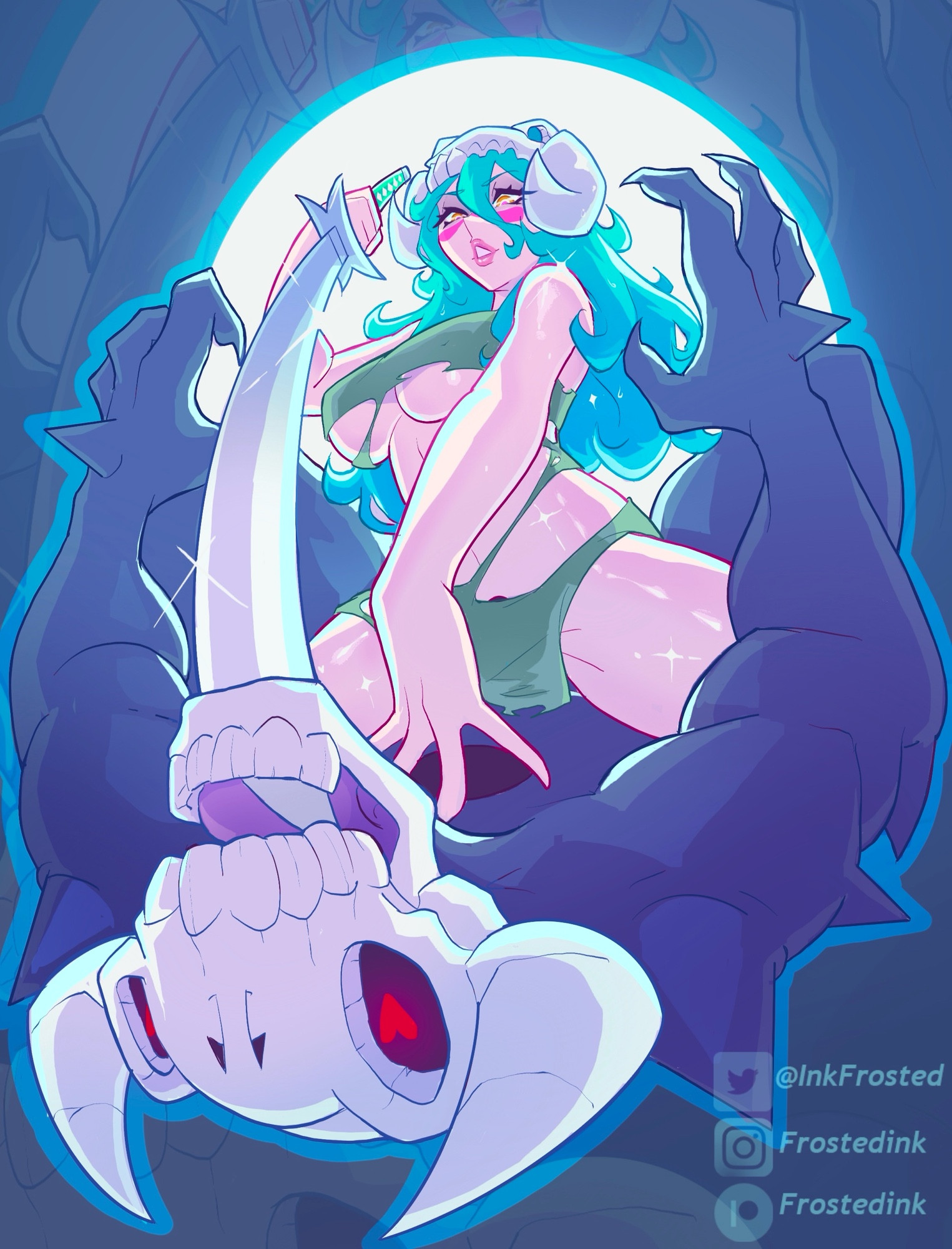1boy, 1girls, ambiguous consent, big breasts, big nipples, big thighs, bleach, blue hair, boobs out, breasts, breasts out, brown eyes, bush, bushy pubes, busty, busty female, cowgirl position, curvaceous, curvy, curvy female, curvy figure, dubious consent, fanart, female, femdom, frostedink, hairy, hairy pussy, hollow (bleach), large breasts, male, monster on female, nelliel tu odelschwanck, perky breasts, perky nipples, pinup, pussy, pussy lips, questionable consent, ripped clothing, size difference, soft breasts, straight, sword, thick legs, thick thighs, tits out, underboob