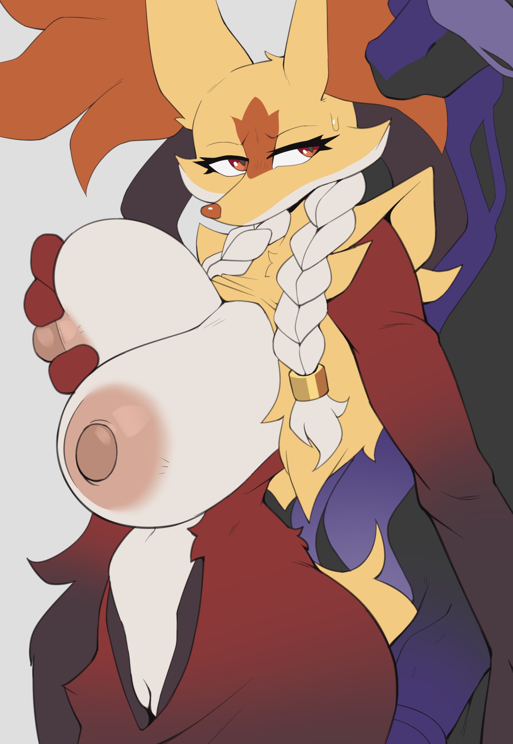 2d, 2d artwork, big breasts, braids, breast grab, breast play, breasts, cooliehigh, high resolution, highres, looking at partner, mahoxy, male/female, mega delphox, mega mahoxy, nintendo, pokemon, pokemon legends: z-a, pokemon xy, pussy, tagme, unseen male face