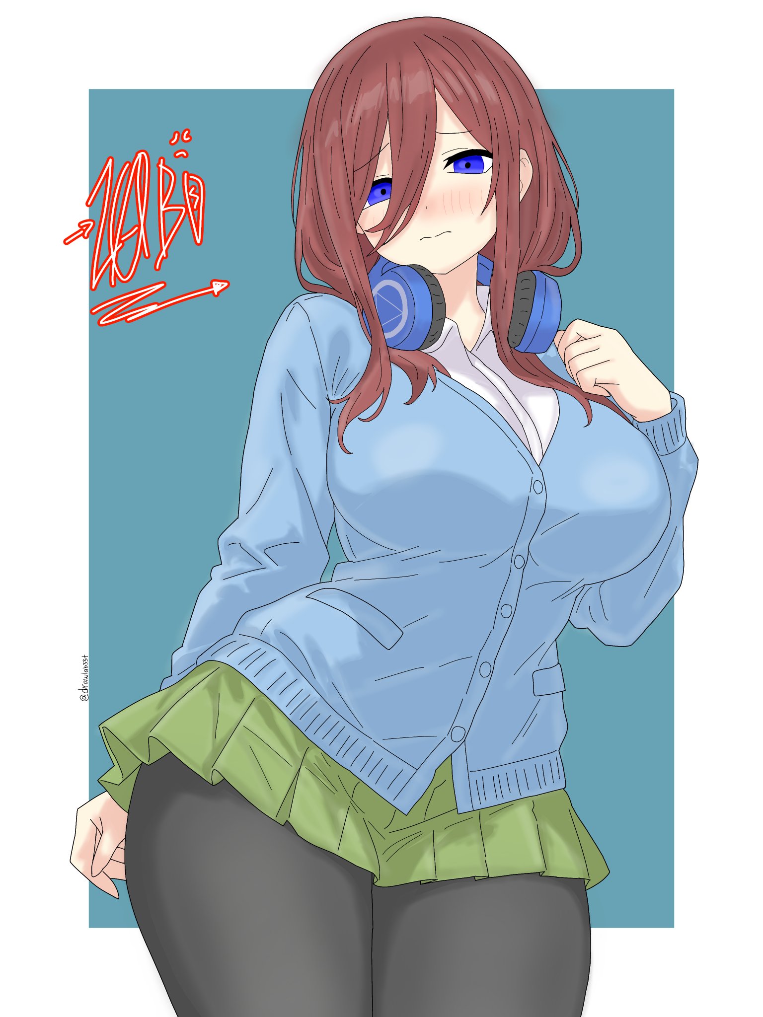 1girls, ass, big breasts, blue eyes, blush, breasts, drawlab33t, embarrassed, go-toubun no hanayome, headphones, hips, light skin, light-skinned female, looking at viewer, nakano miku, not porn, sfw, skirt, thick thighs, thighs, wide hips