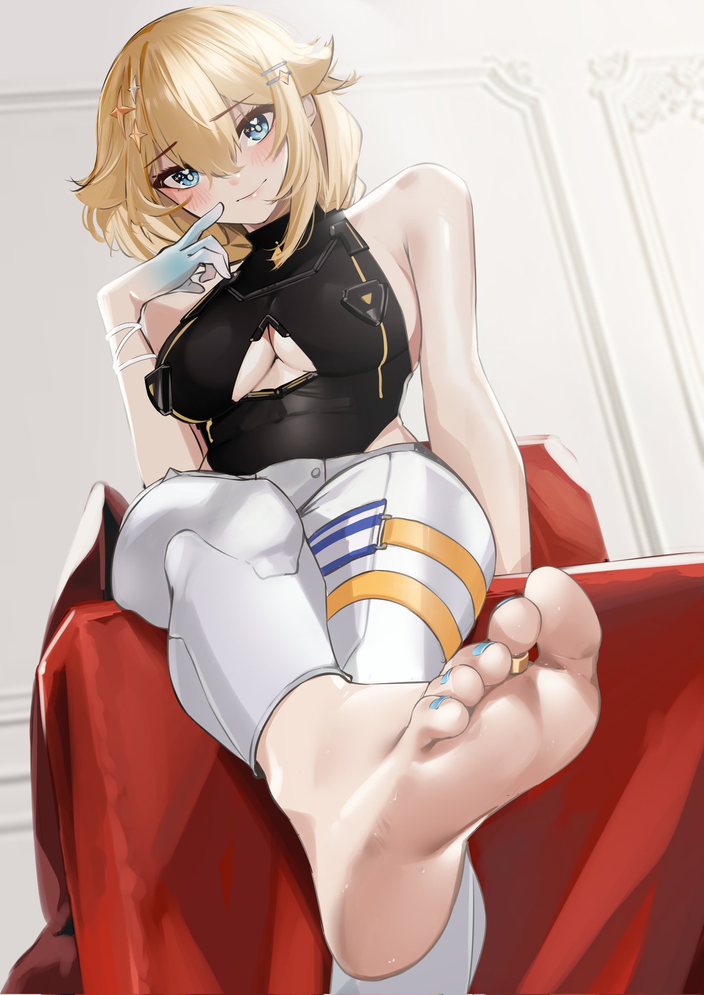 1girls, barefoot, blonde hair, blue eyes, blue nails, blush, boob window, breasts, cleavage, cleavage cutout, clothing cutout, feet, feet focus, female, female only, foot fetish, foot focus, fully clothed, highres, jewelry, kaneko lumi, large breasts, legs, light smile, long hair, looking at viewer, nail polish, painted nails, painted toenails, pants, phase connect, pupi, pupi (rain prophet), soles, tight pants, toe ring, toes, underboob, underboob cutout, virtual youtuber, vtuber