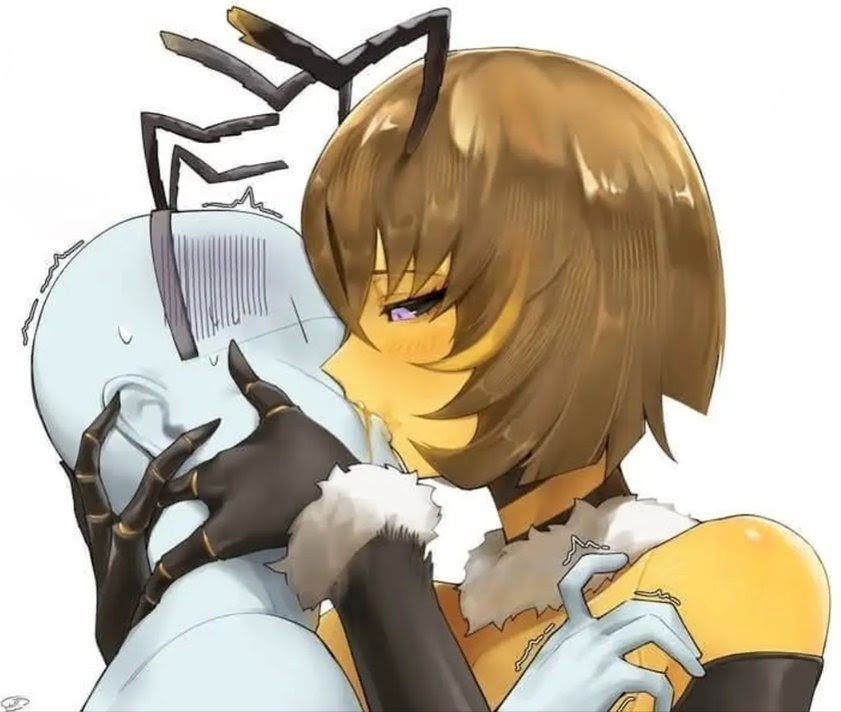 artist request, bee girl, black sclera, brown hair, dominant female, faceless male, honey, kissing, monster girl, vomiting into mouth, yellow skin