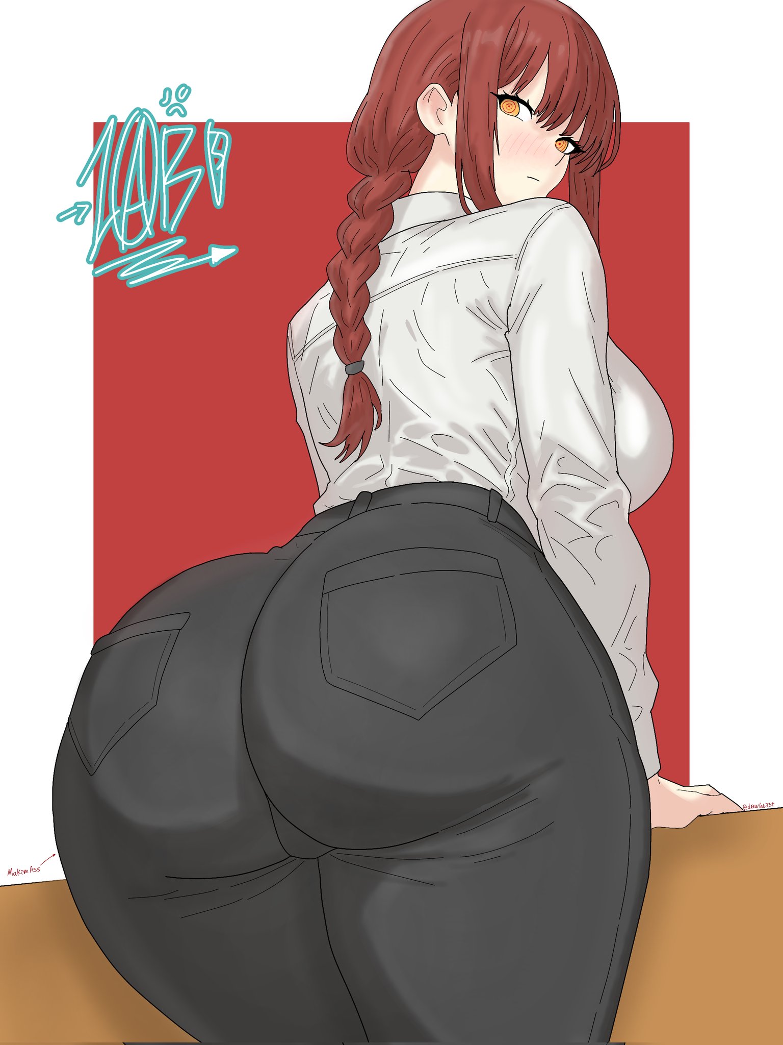 1girls, ass, blush, breasts, chainsaw man, drawlab33t, female, huge ass, huge breasts, light skin, light-skinned female, looking at viewer, looking back, makima (chainsaw man), thick thighs, thighs, tied hair