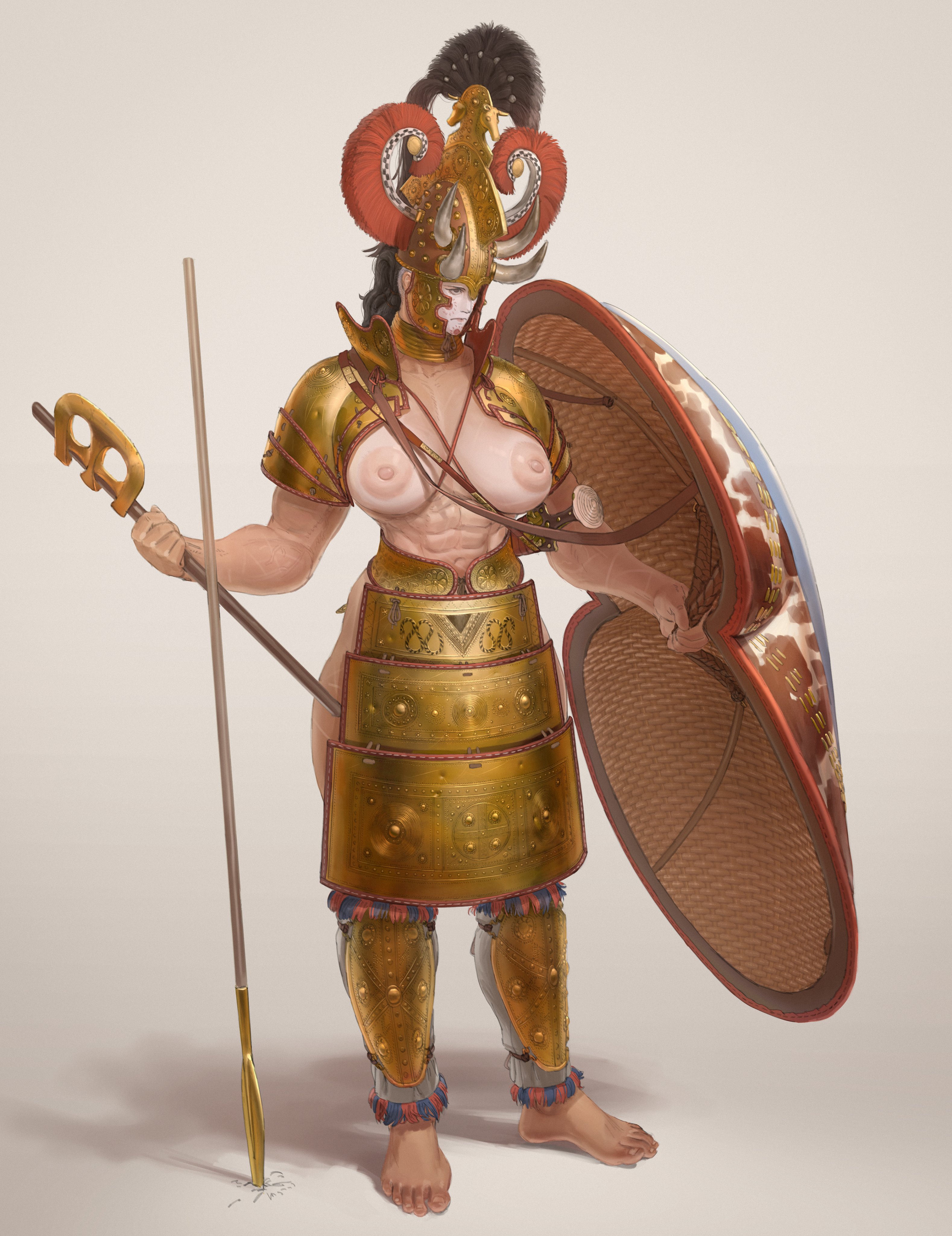 1girls, abs, armor, armored female, axe, barefoot, battle axe, black hair, bronze armor, facepaint, full body, greaves, helmet, holding axe, holding shield, holding weapon, horned helmet, huge breasts, muscular, muscular female, mycenaean, nipples, original, pauldrons, plume, sheathed, shield, soldier, solo, spear, standing, sword, wassnonnam, weapon