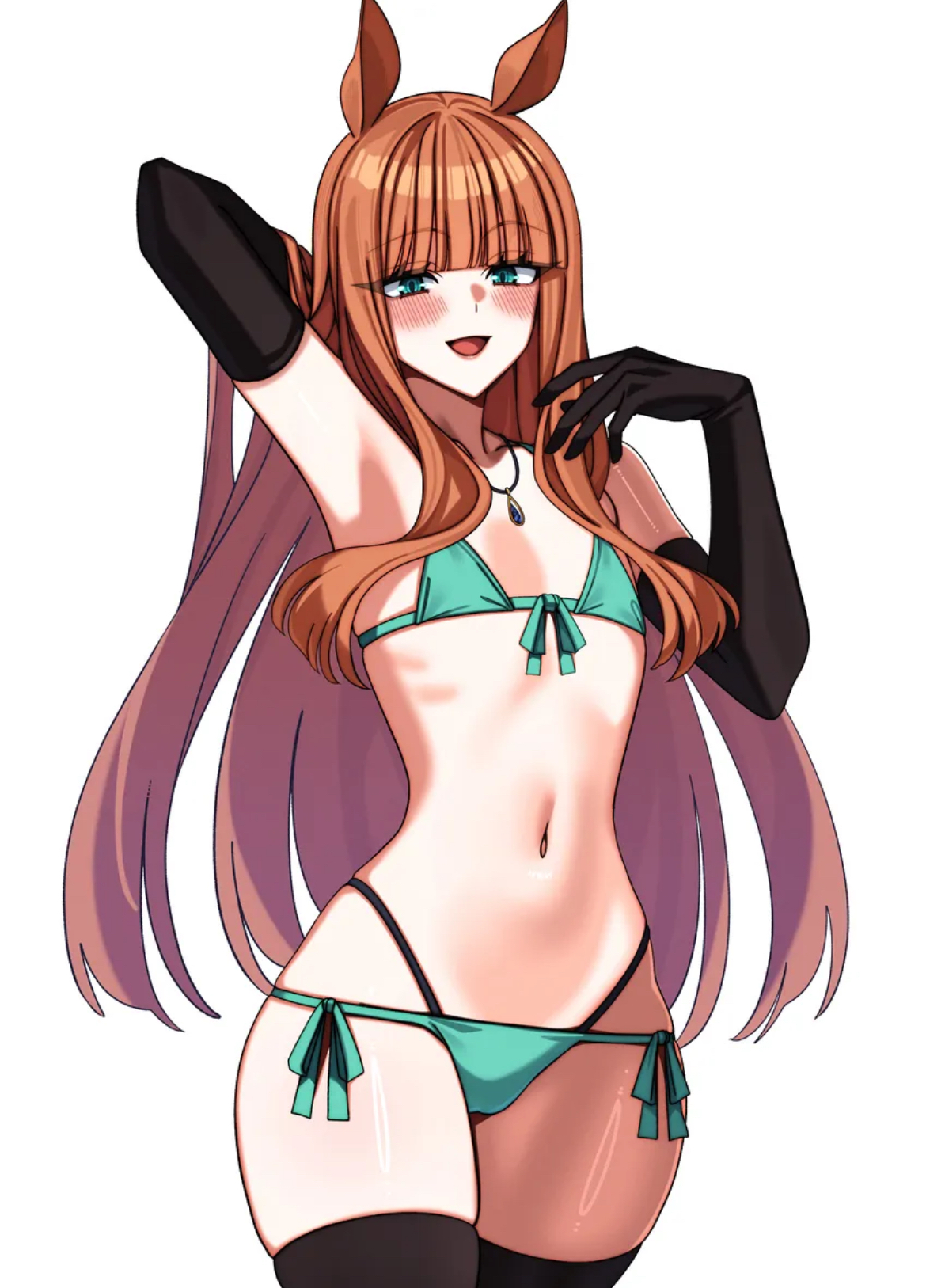 armpit, belly, big thighs, bikini, blushing at viewer, cute, cute face, female, female focus, female only, female torso, flat chest, flat chested, ginger, ginger hair, green bikini, green eyes, horse, horse ears, horse girl, horse tail, kaosu kun, long hair, looking at viewer, pale skin, pale-skinned female, pear-shaped figure, petite, sexy, sexy female, silence suzuka (umamusume), slender body, slender waist, small breasts, solo, solo female, solo focus, thick thighs, thighhighs, thong straps, tiny breasts, tummy, umamusume, umamusume pretty derby, wide hips, wide thighs