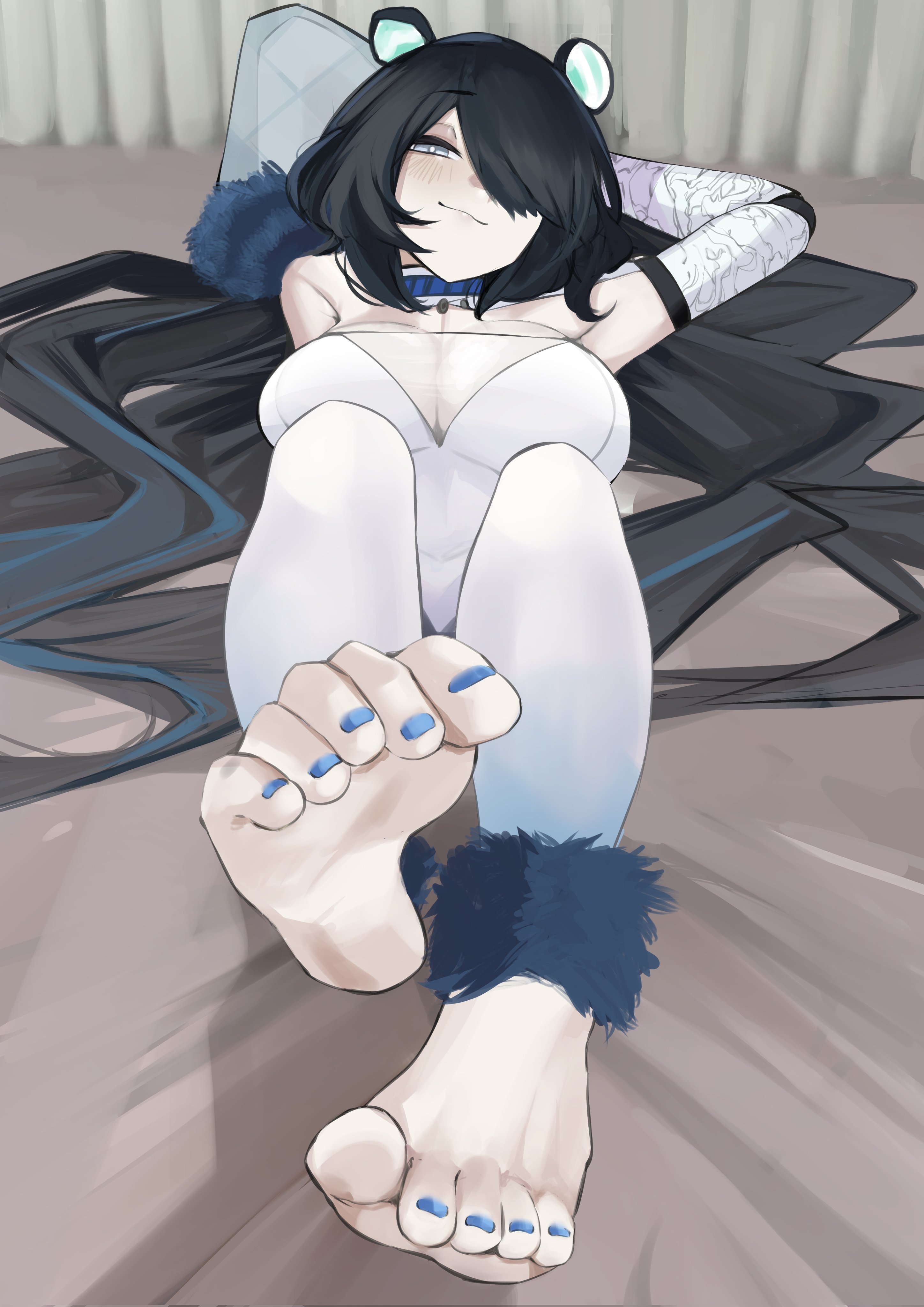 :3, 1girls, absurdres, animal ears, barefoot, black hair, blue eyes, blue nails, blush, breasts, cleavage, erina makina, feet, feet up, female, foot fetish, foot focus, hair over one eye, highres, large breasts, long hair, looking at viewer, lying, nail polish, on back, phase connect, pupi, pupi (rain prophet), smile, soles, solo, toenail polish, toenails, toes, virtual youtuber, vtuber