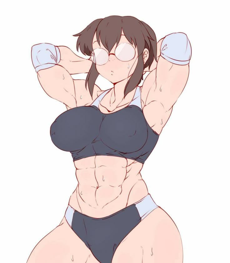 1girl, abs, armpits, breasts, collarbone, covered erect nipples, elbow pads, exercising, glasses, hanzo (2929), highres, large breasts, meat day, muscular, muscular female, navel, parted lips, short hair, sidelocks, simple background, sports bra, sweat, thick thighs, thighs, tomboy, toned, white background