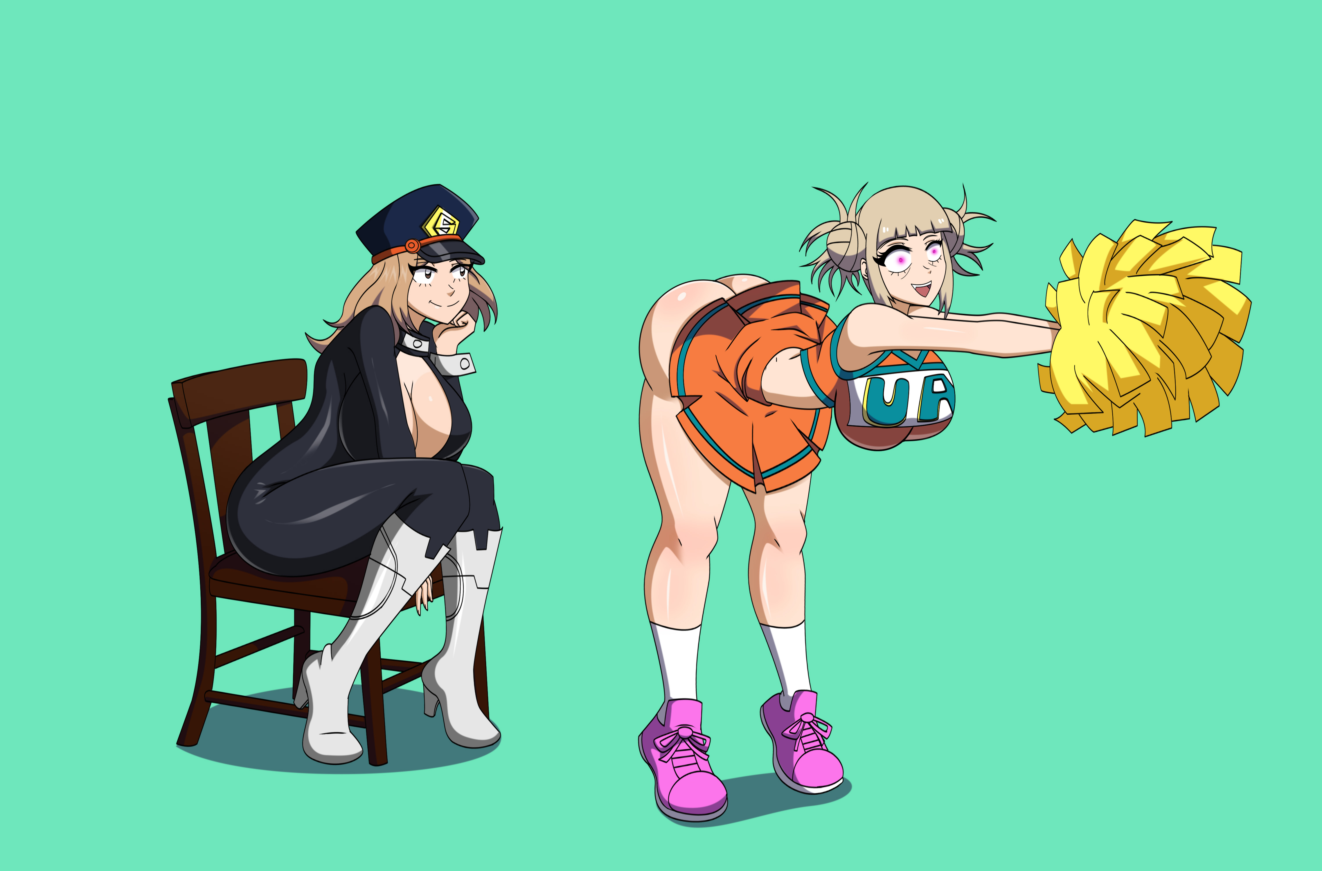 absurdres, ass, big ass, big breasts, blonde hair, boots, camie utsushimi, cheerleader, cleavage, dlobo777, femdom, femsub, glowing, glowing eyes, high heel boots, high heels, himiko toga, huge ass, hypnosis, large breasts, multiple girls, my hero academia, skirt, sneakers, straight-cut bangs, tight clothing, twintails, u.a. cheerleader outfit, upskirt
