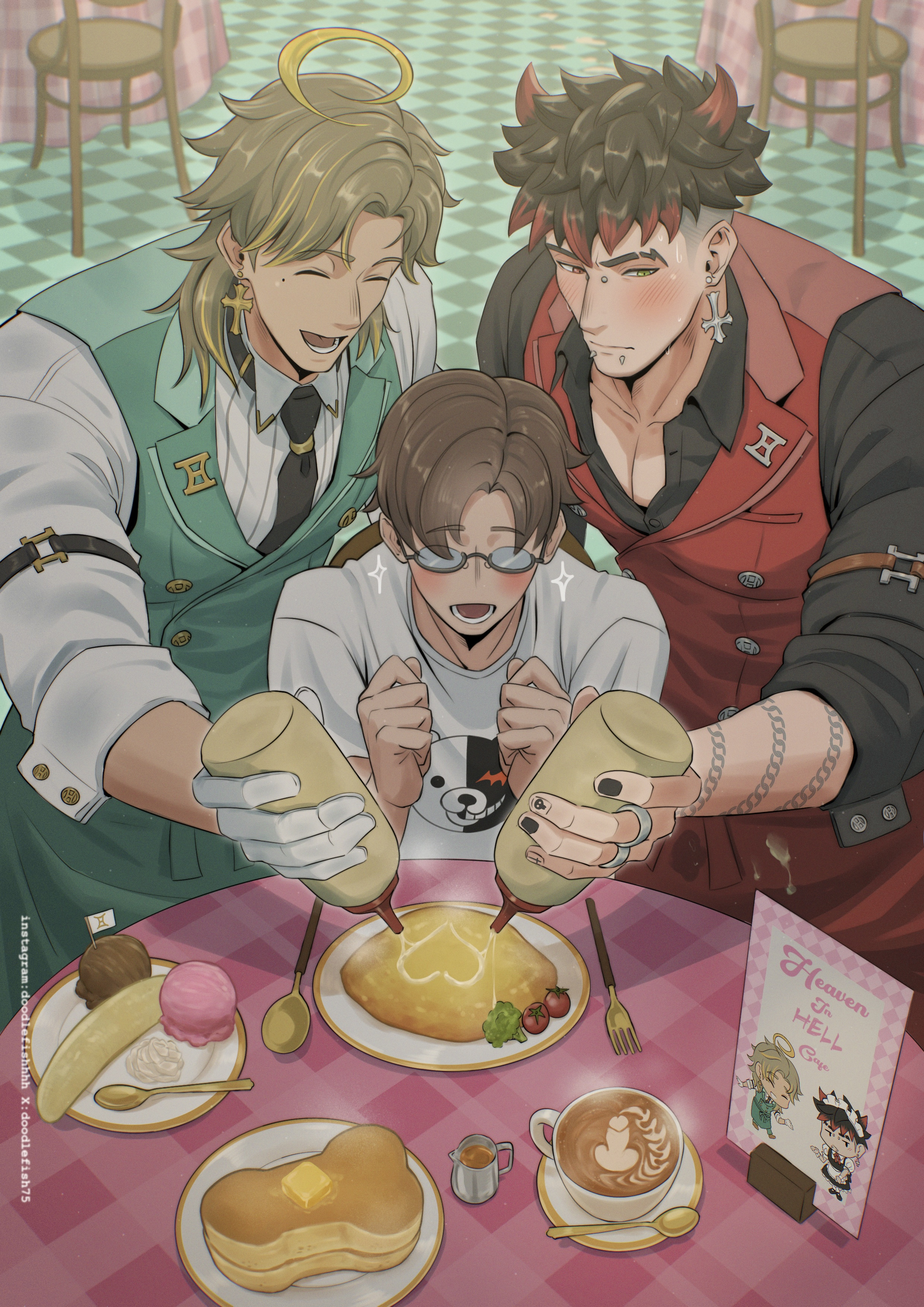 angel boy, banana split, bara, black hair, blush, cafe, coffee, cum, cumming on food, demon male, doodlefish75, earrings, excited male, food, formal clothes, garter straps, gay, gay male, jizz, muscles, muscular male, omelet, open collar, pancakes, piercings, red hair, semen, squirting, squirting on food, tattoo on arm, three males, tie, tuxedo, tuxedo vest, worker, yaoi