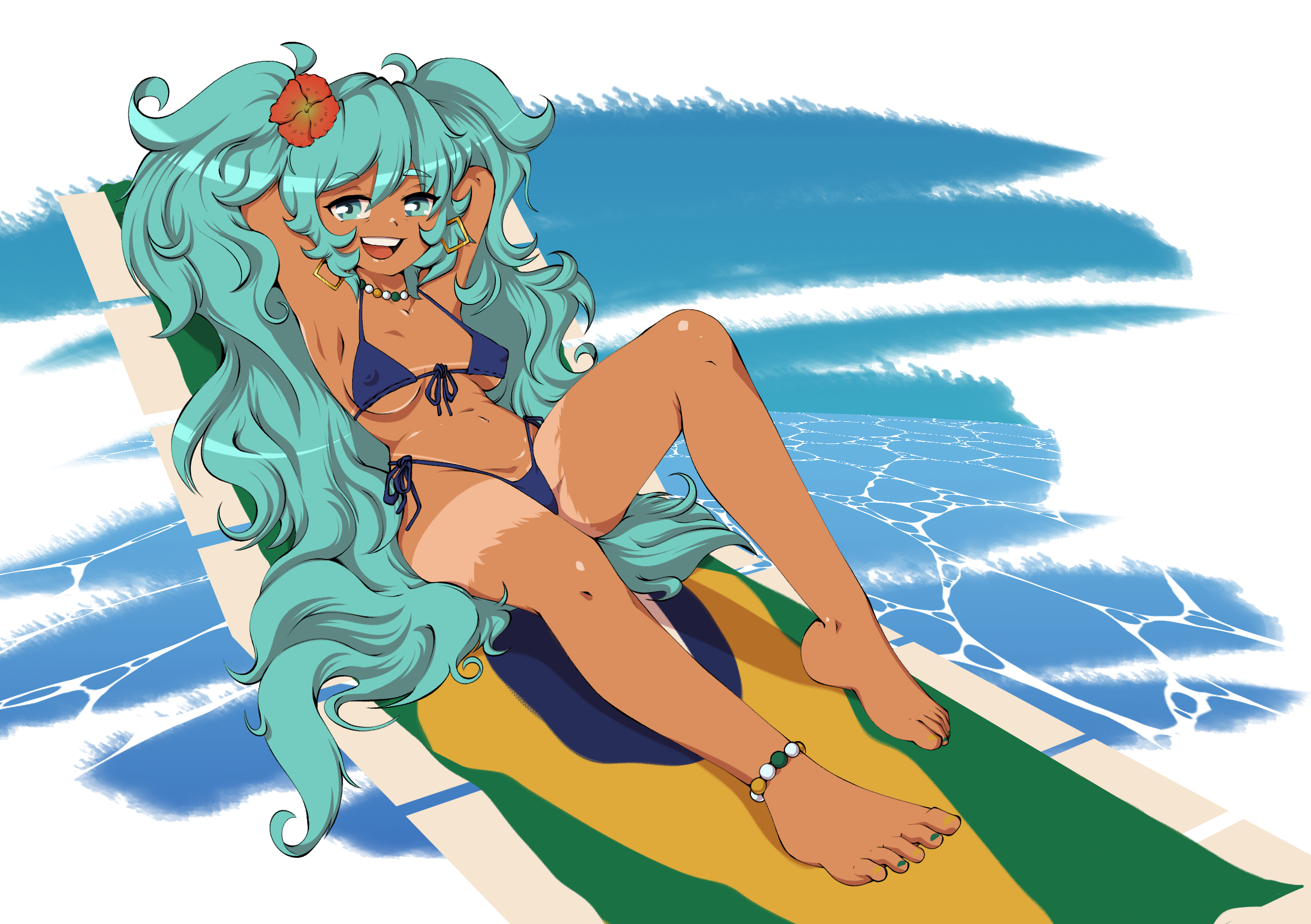 1girl, 1girls, anklet, aqua eyes, aqua hair, armpits, arms up, barefoot, bikini, blue bikini, blue eyes, blue hair, brazilian miku, breasts, covered nipples, earrings, feet, flower, hair flower, hair ornament, hatsune miku, high resolution, highres, jewelry, light blue hair, long hair, medium breasts, nail polish, navel, necklace, nipple bulge, open mouth, painted toenails, pixelboy, side-tie bikini bottom, sitting, smile, solo, solo female, swimsuit, tan, tan skin, tan-skinned female, toe ring, toenail polish, toenails, twintails, very long hair, vocaloid