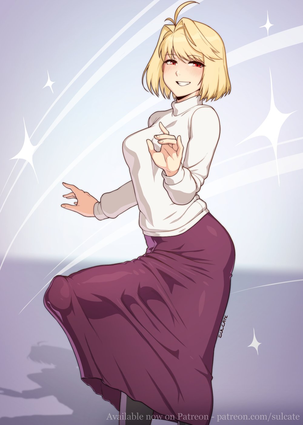 1futa, arcueid brunestud, balls, blonde hair, breasts, bulge, bulge through clothing, clothed, clothing, digital media (artwork), erection, fully clothed, futa only, futanari, huge cock, human, imminent fellatio, imminent oral, light skin, long skirt, looking at viewer, medium breasts, melty blood, melty blood arcueid figure (meme), pale skin, penis, pent up, red eyes, simple background, smile, smiling at viewer, solo, sulcate, sweater, throbbing penis, tsukihime, type-moon, white skin