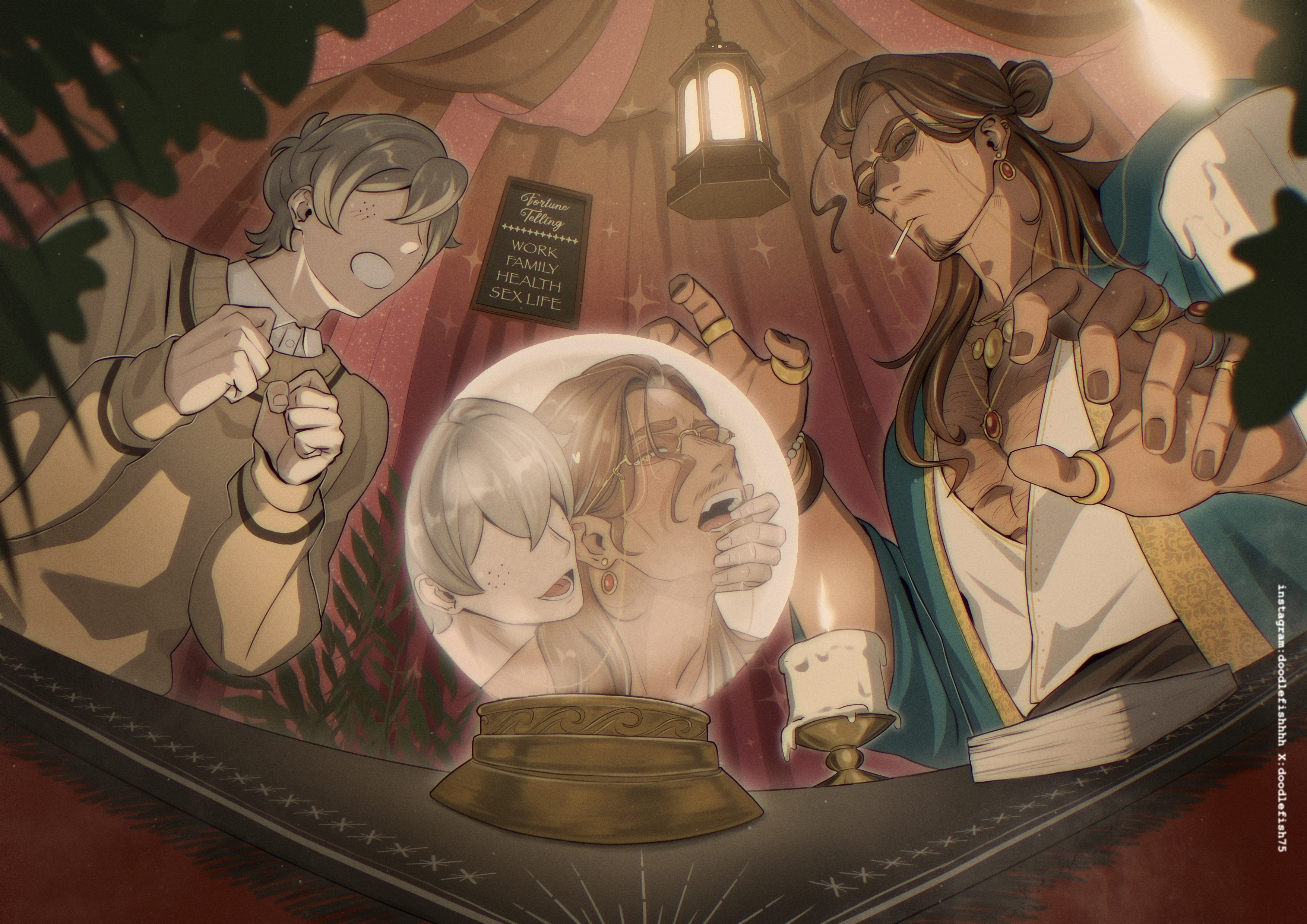 bara, blush, book, bracelets, candle, curious, curtains, doodlefish75, excited male, exposed chest, fortune teller, gay, gay male, glasses, hairy chest, hairy male, heart, lantern, making love, male, male only, necklace, orb, plants, rings, smaller male, smaller male larger male, smoking, table, twink, two males, two men, whispering in ear, whispering into ear, yaoi