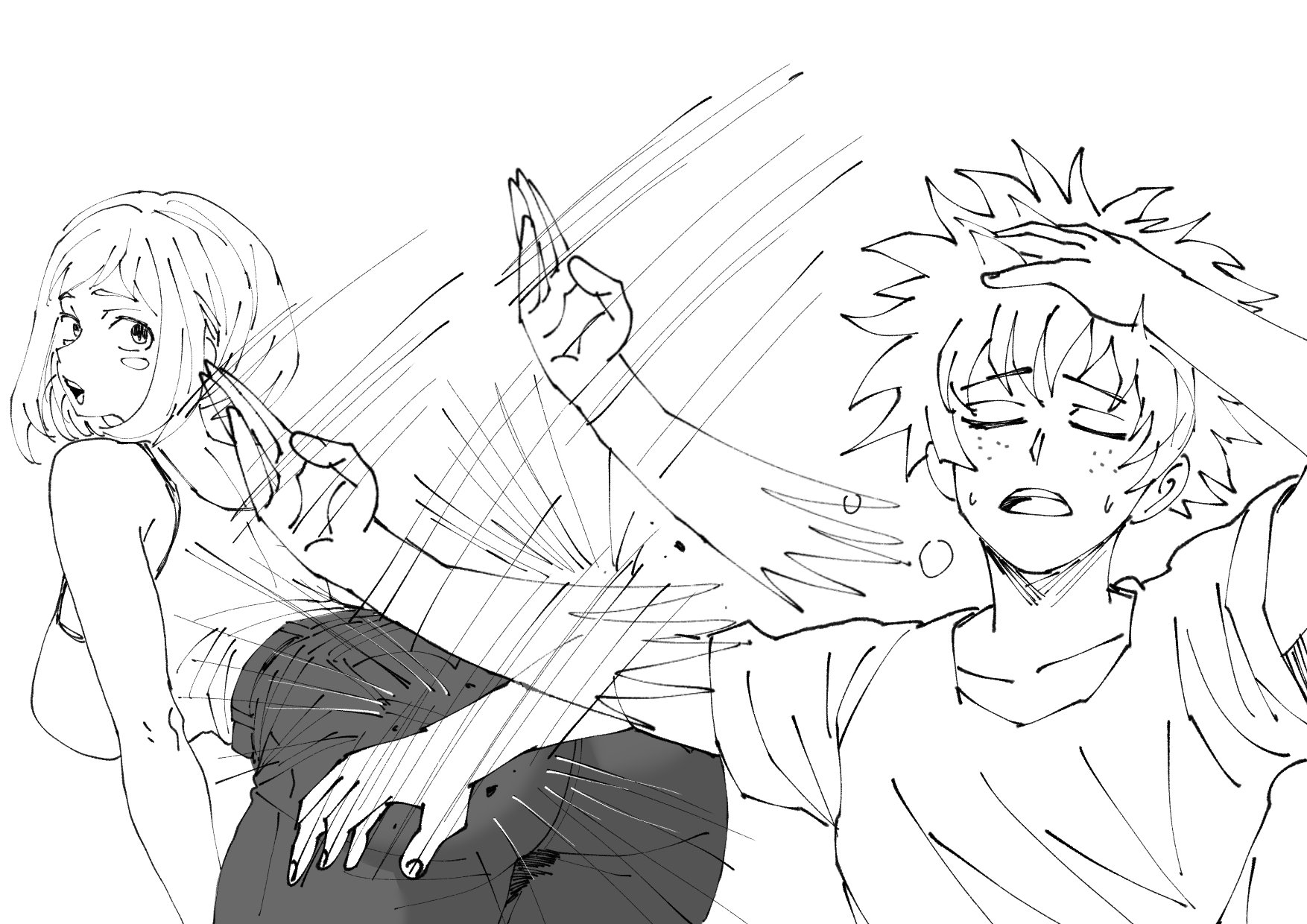 1boy1girl, 1girl1boy, ass, ass slap, big ass, boku no hero academia, booty, bubble butt, butt, captain tai, curvaceous, curvy, curvy body, curvy figure, deku, illustration, izuku midoriya, meme, midoriya izuku, my hero academia, naoya hair flip, ochako uraraka, reference, slap, slapping ass, slapping butt, thick thighs, uraraka ochako, uravity
