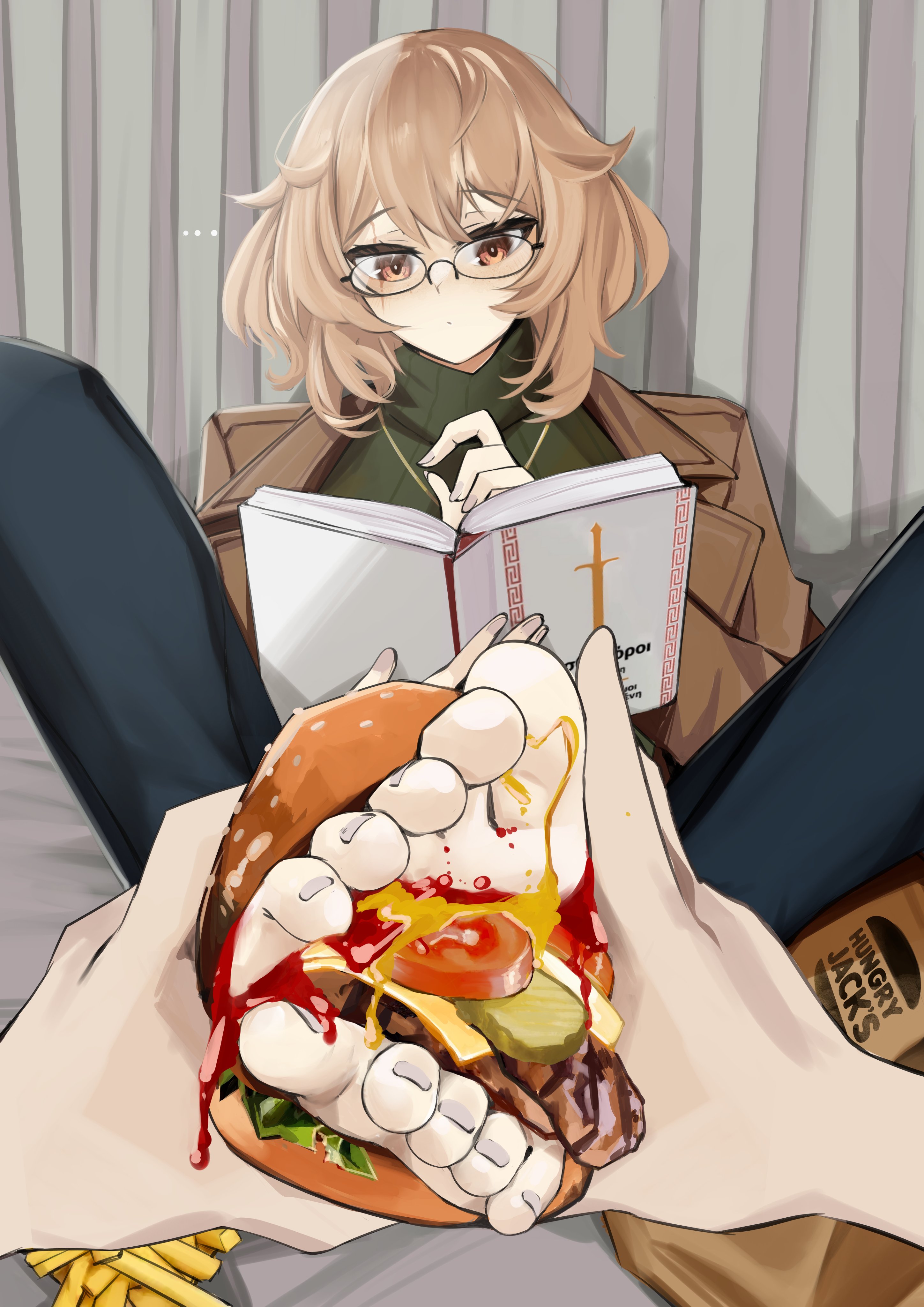 1girls, 1other, absurdres, barefoot, blonde hair, blush, book, brown eyes, brown jacket, burger, clio aite, closed mouth, clothed female, commentary, english commentary, eyelashes, feet, feet burger, feet burger (meme), feet in food, feet together, female, food, food on feet, foot burger, foot fetish, foot focus, foreshortening, french fries, full body, glasses, green sweater, grey nails, hag, highres, holding, holding book, indie virtual youtuber, jacket, jewelry, knees apart feet together, knees up, looking down, mature, mature female, medium hair, meme, nail polish, necklace, older female, out of frame, pov, pupi, pupi (rain prophet), ribbed sweater, round eyewear, scar, scar across eye, scar on face, shadow, sitting, sweater, teacher, toenail polish, toenails, toes, turtleneck, virtual youtuber, vtuber